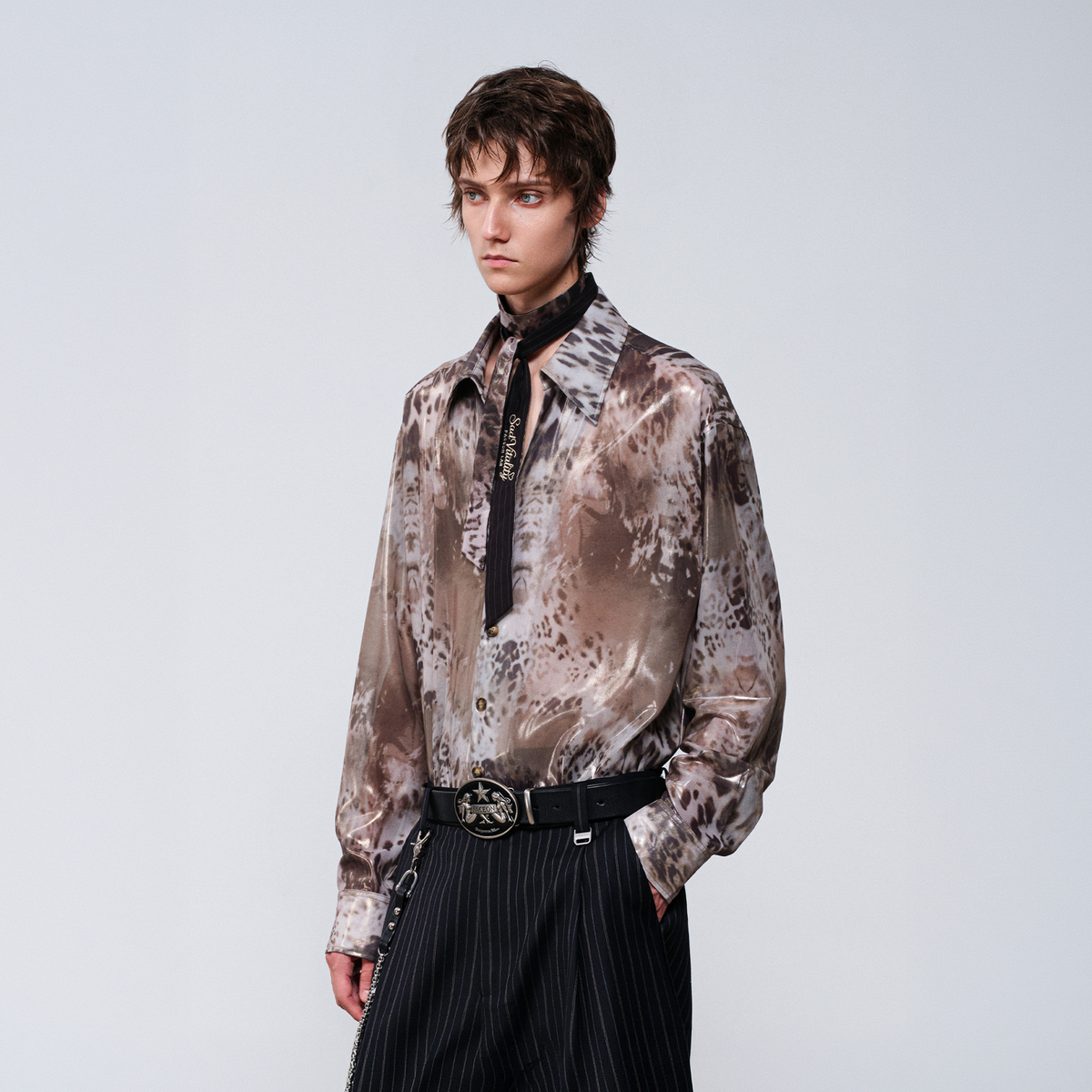 FACEONLAB Leopard Satin Oversized Shirt
