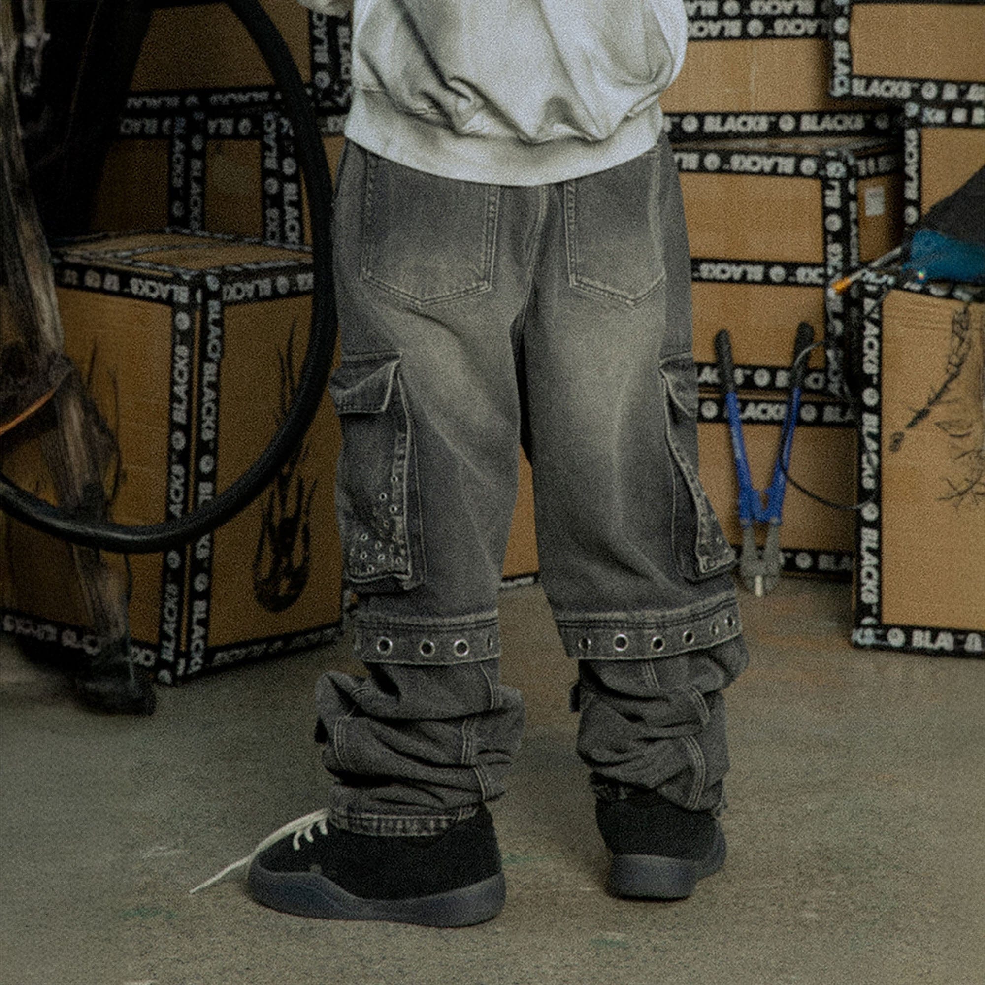 BLACK8MOB Washed Multi-Pocket Grommet Stacked Cargo Jeans, premium urban and streetwear designers apparel on PROJECTISR.com, BLACK8MOB