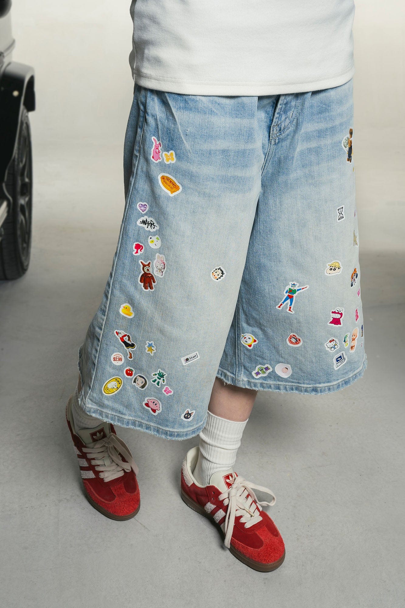 MAKEMORE Anime Sticker Washed Denim Shorts, premium urban and streetwear designers apparel on PROJECTISR.com, MAKEMORE