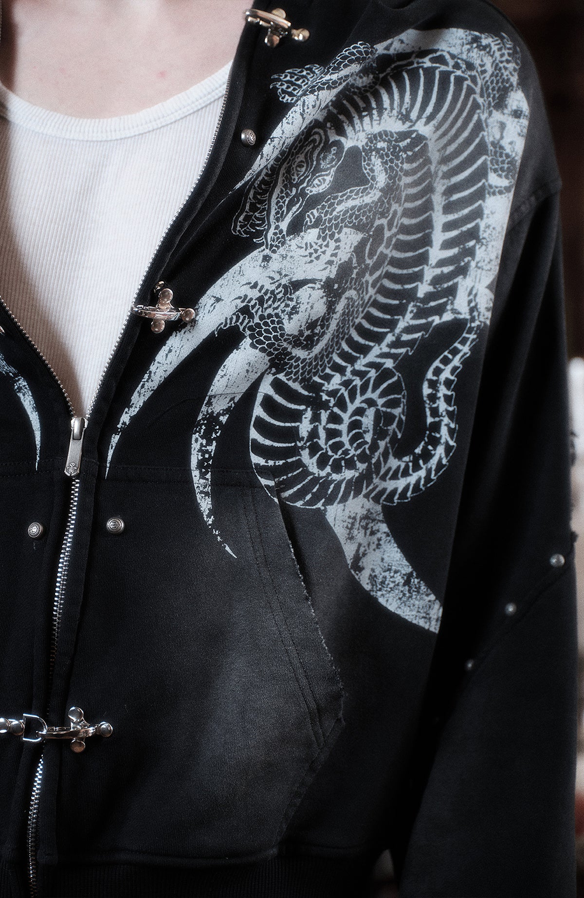 WANNA LAB Washed Distressed Rivet Zip-Up Hoodie