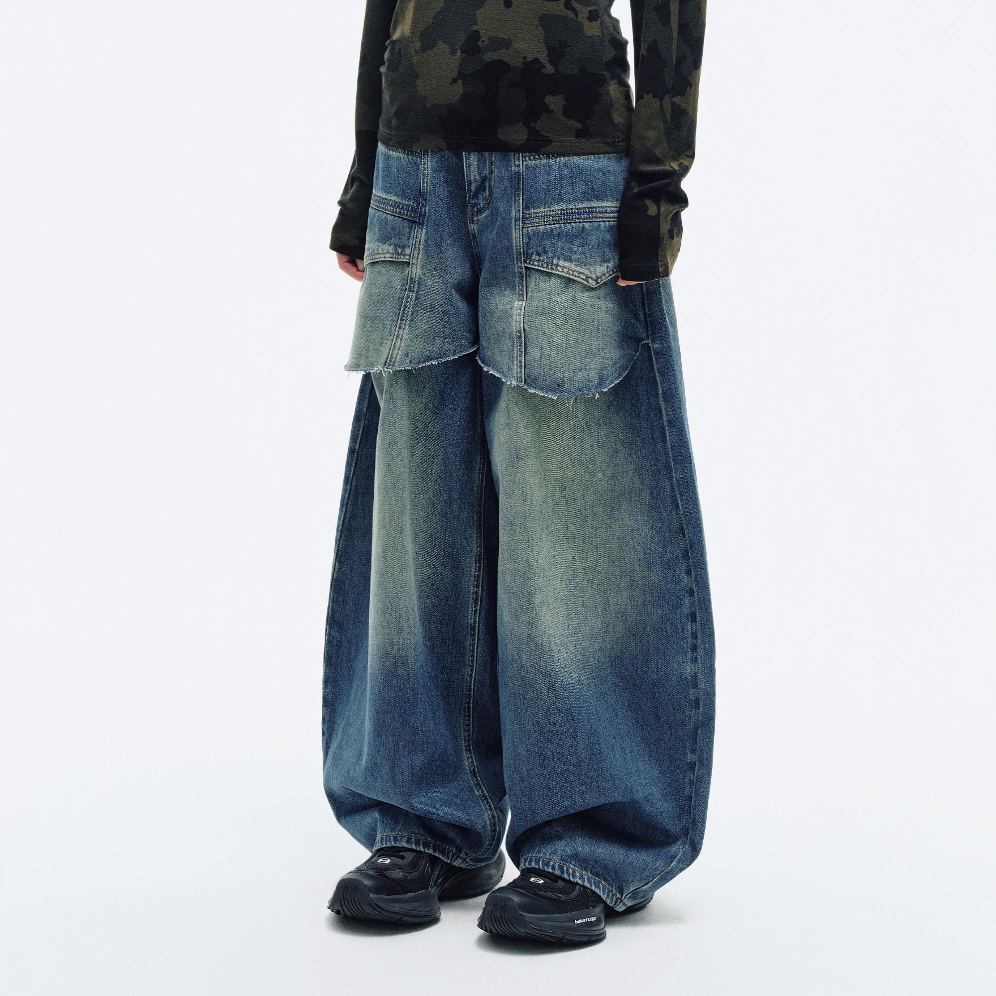 HAHAHA Spliced Washed Faux Layered Jeans