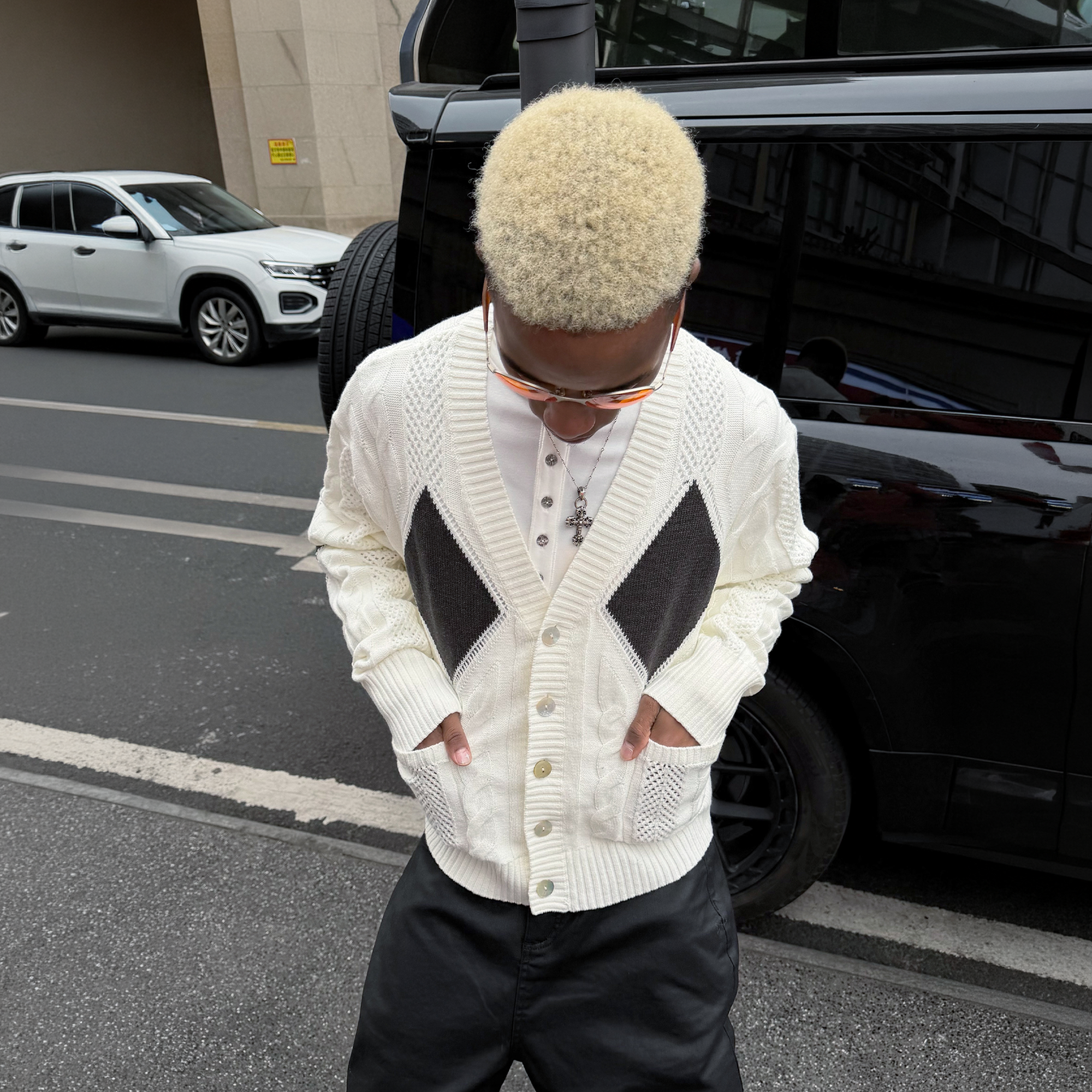 STEEPC Retro Cable-Knit Argyle V-Neck Cardigan