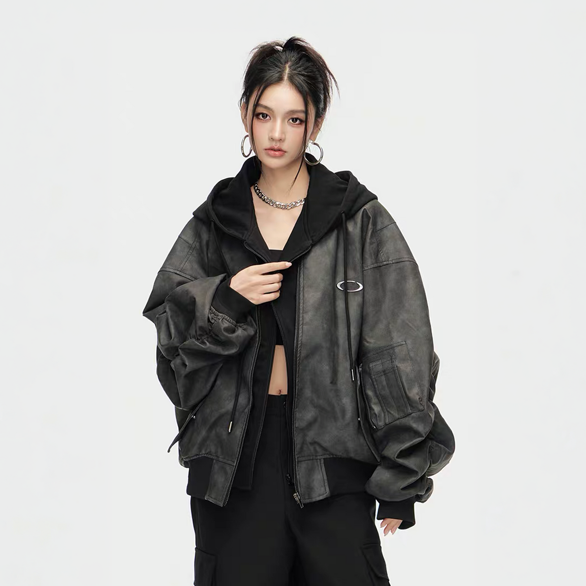 ARDENCODE Oversized Hooded Faux Leather Bomber Jacket, premium urban and streetwear designers apparel on PROJECTISR.com, ARDENCODE