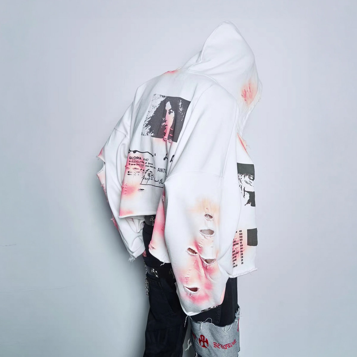 ANTI WAR REVIVAL Distressed Splatter-Print Oversized Zip-Up Hoodie