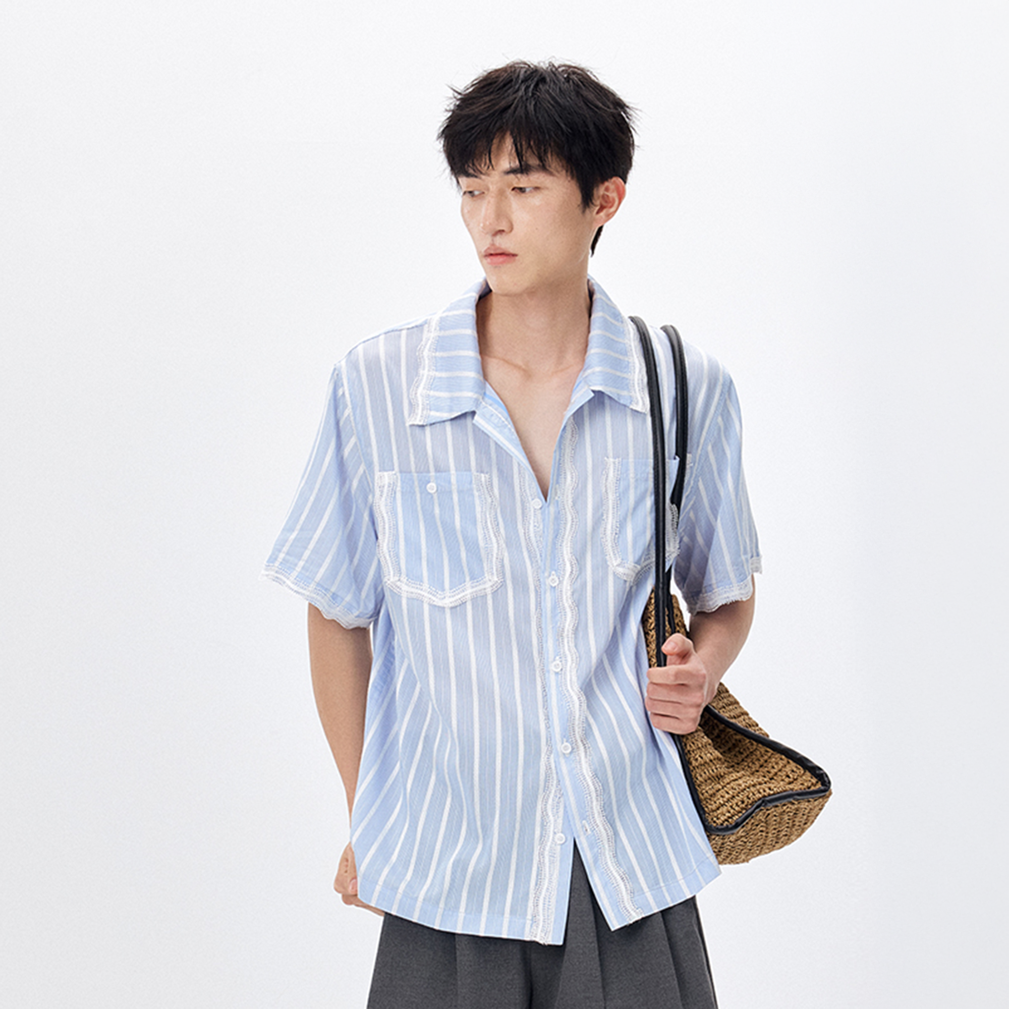 TUIMU Lace-Trim Striped Shirt