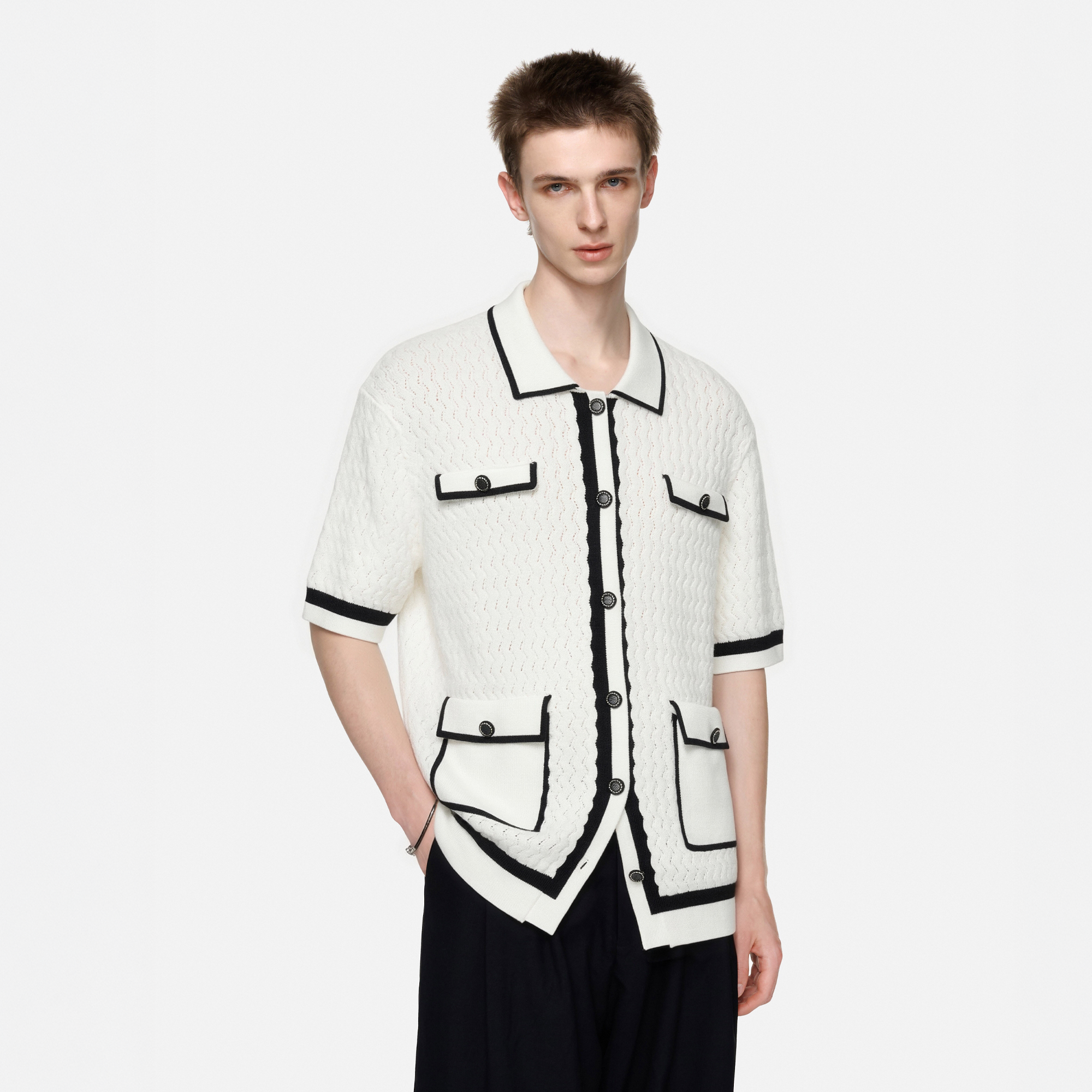 TIWILLTANG Contrast Trim Knitted Half Shirt