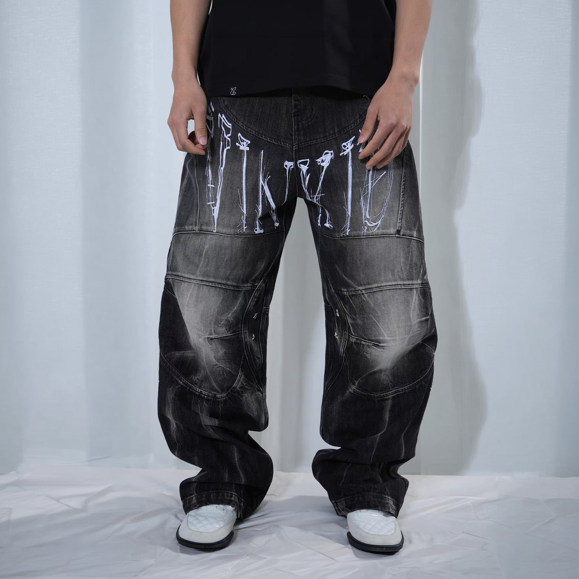 VINKID Washed Graphic Wide-Leg Jeans, premium urban and streetwear designers apparel on PROJECTISR.com, VINKID
