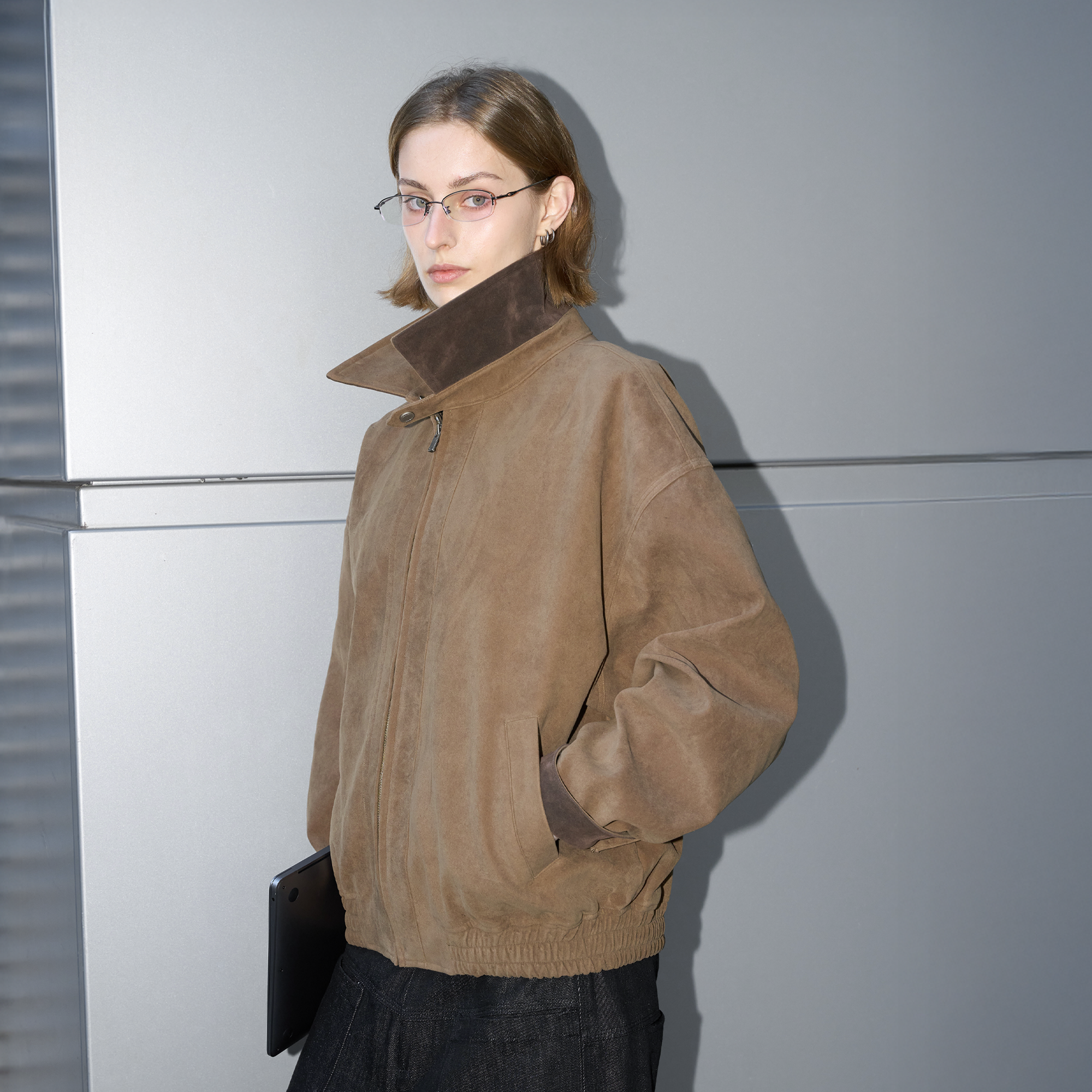 LABELROOM Paneled Faux-Suede Bomber Jacket, premium urban and streetwear designers apparel on PROJECTISR.com, LABELROOM