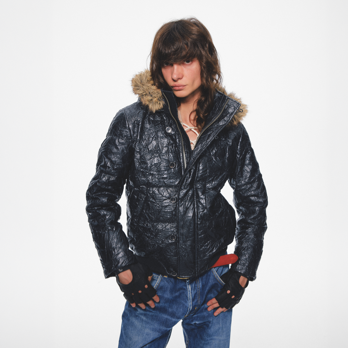 TRECLUB Crinkled Faux Leather Fur-Collar Hooded Jacket, premium urban and streetwear designers apparel on PROJECTISR.com, TRECLUB