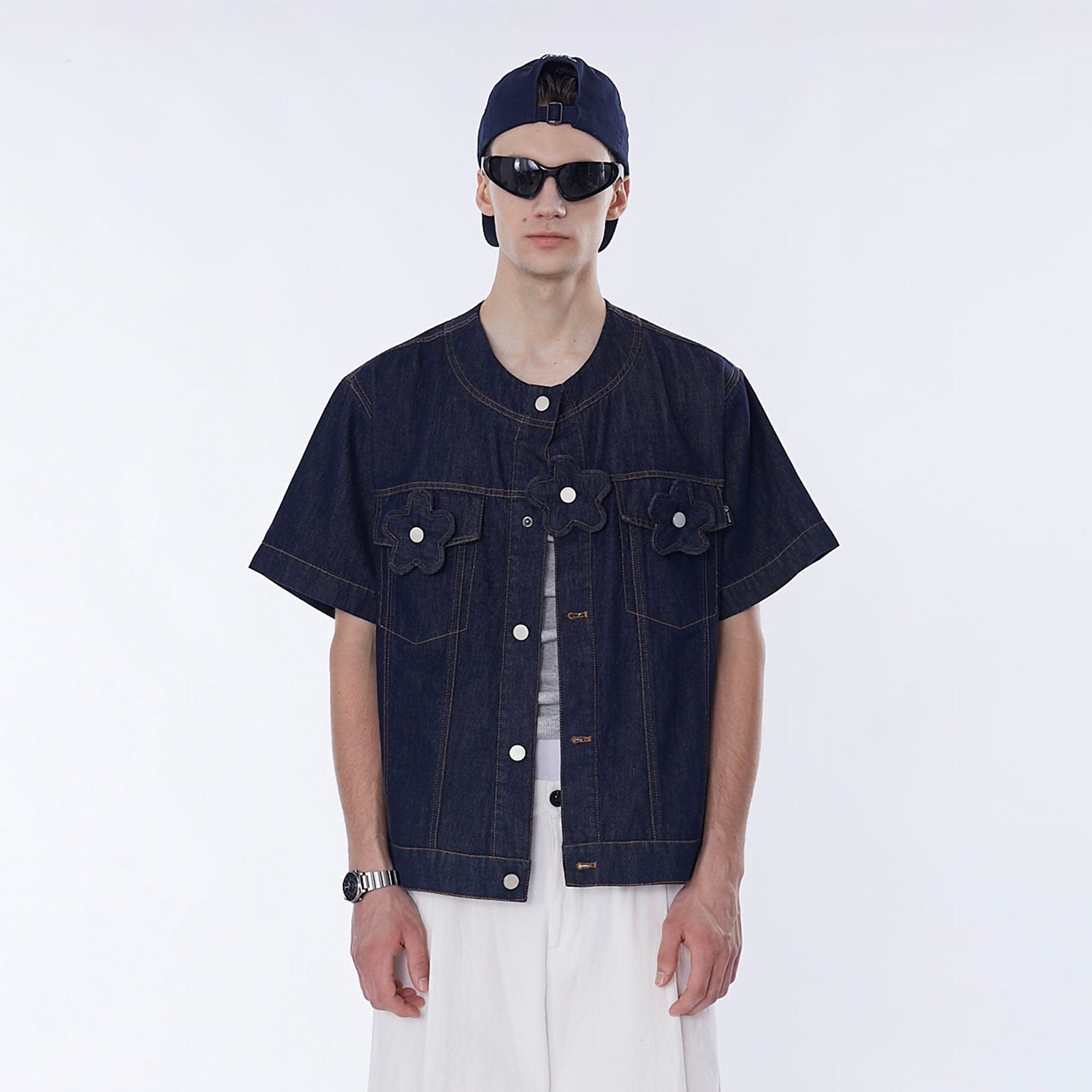 ASSEEN Flower Patchwork Stitched Raw Denim Half Shirt, premium urban and streetwear designers apparel on PROJECTISR.com, ASSEEN