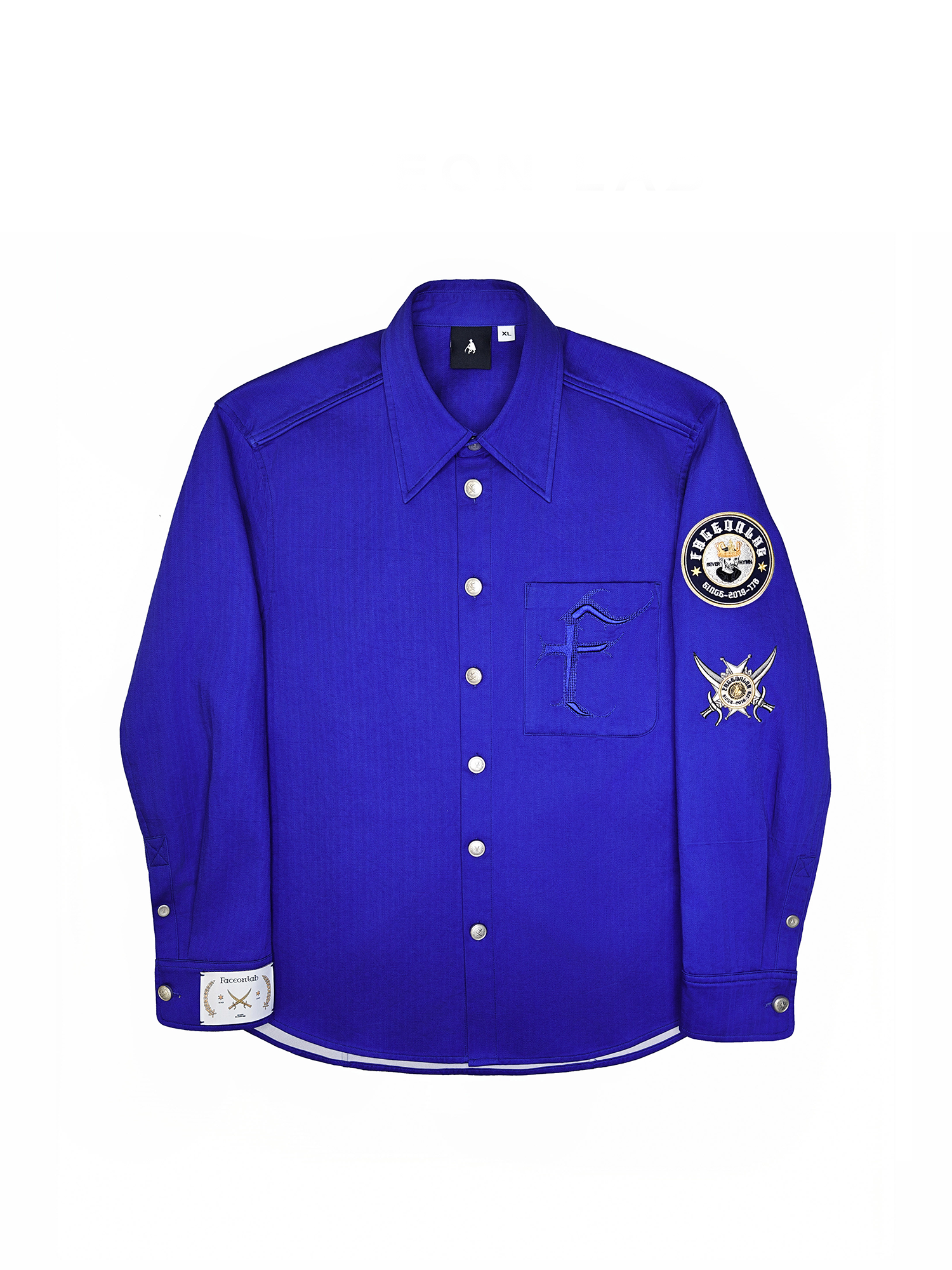 FACEONLAB Mental-Button Embroidered Badge-Patch Shirt Blue
