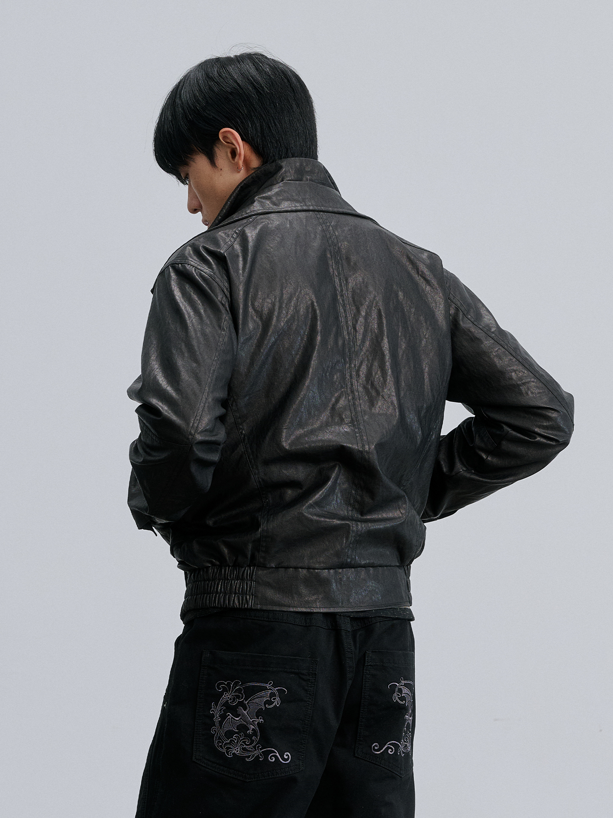 CATSSTAC Retro Spliced Faux Leather Oversized Stand-Collar Jacket