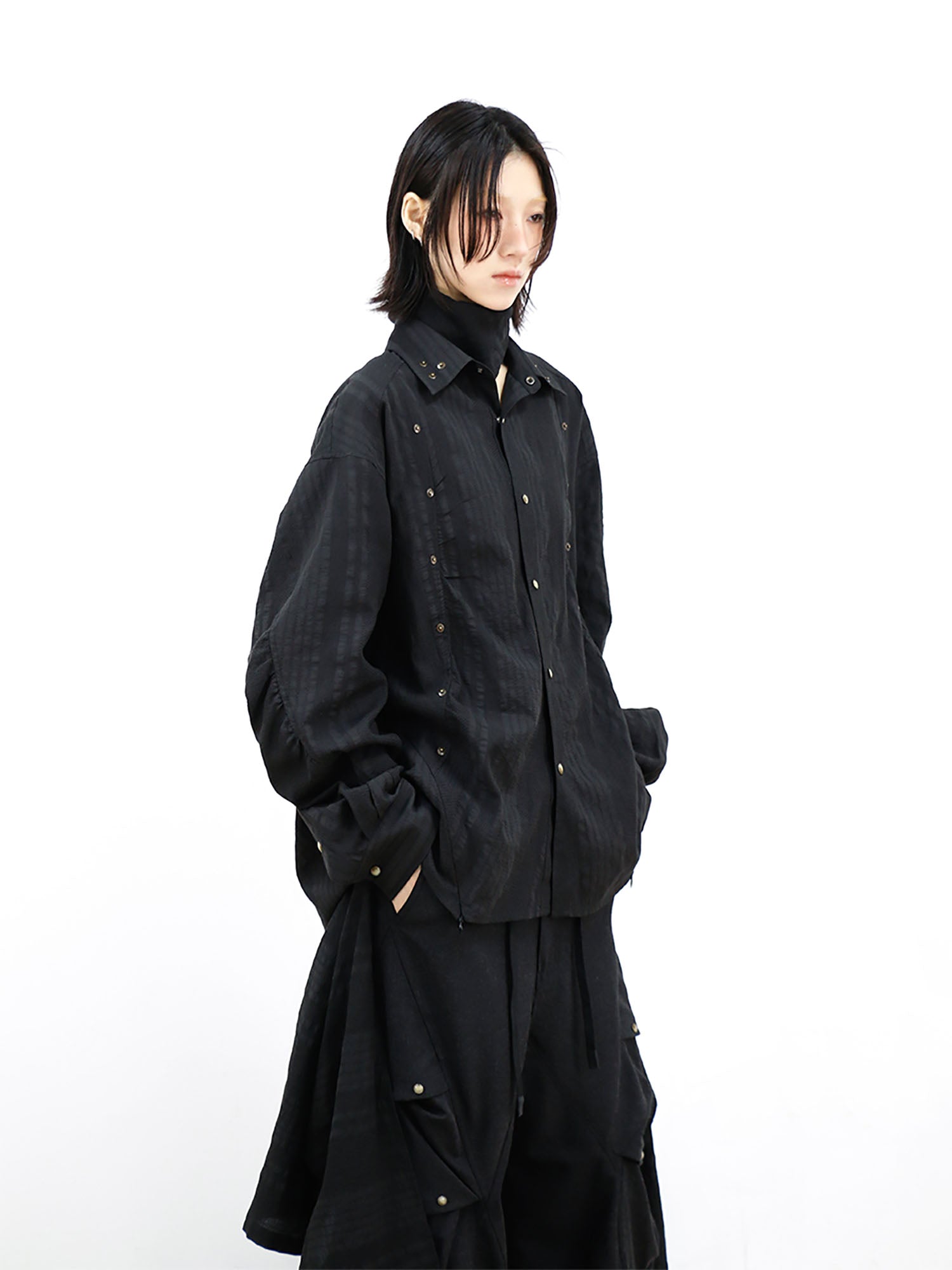 RELABEL Studded Detachable Scarf Shirt Black, premium urban and streetwear designers apparel on PROJECTISR.com, RELABEL