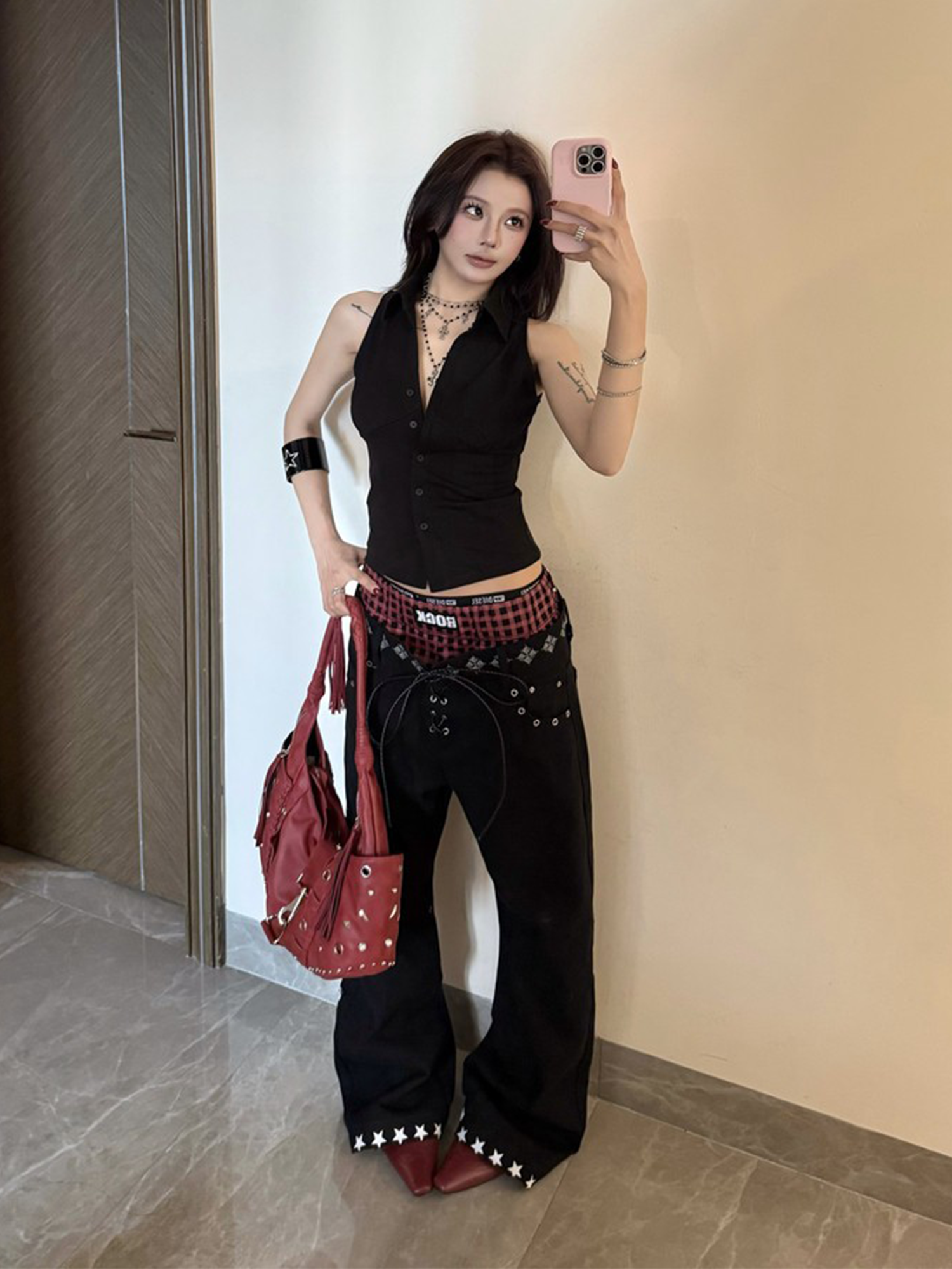DETW Curved Plaid Spliced Double-Waistband Jeans