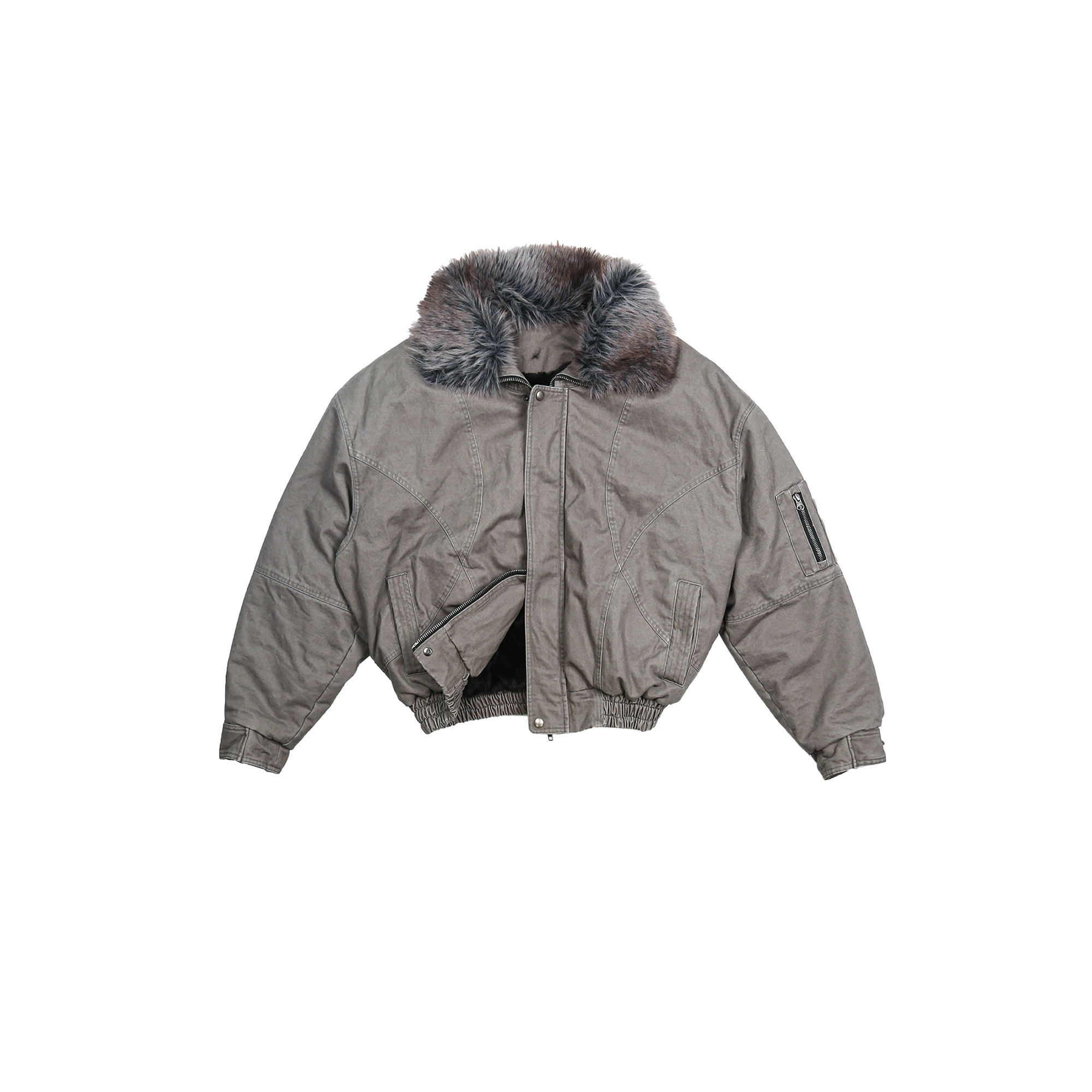 TRECLUB Faux-Fur Lining Washed Bomber Jacket