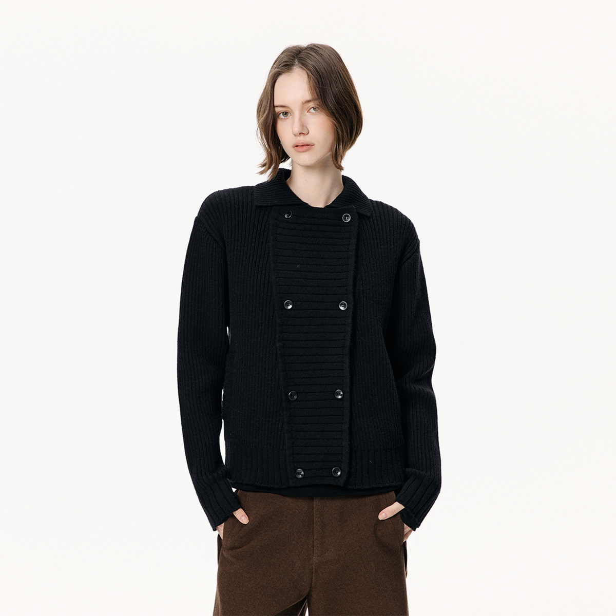 KREATE Ribbed Double-Breasted Lapel Cardigan