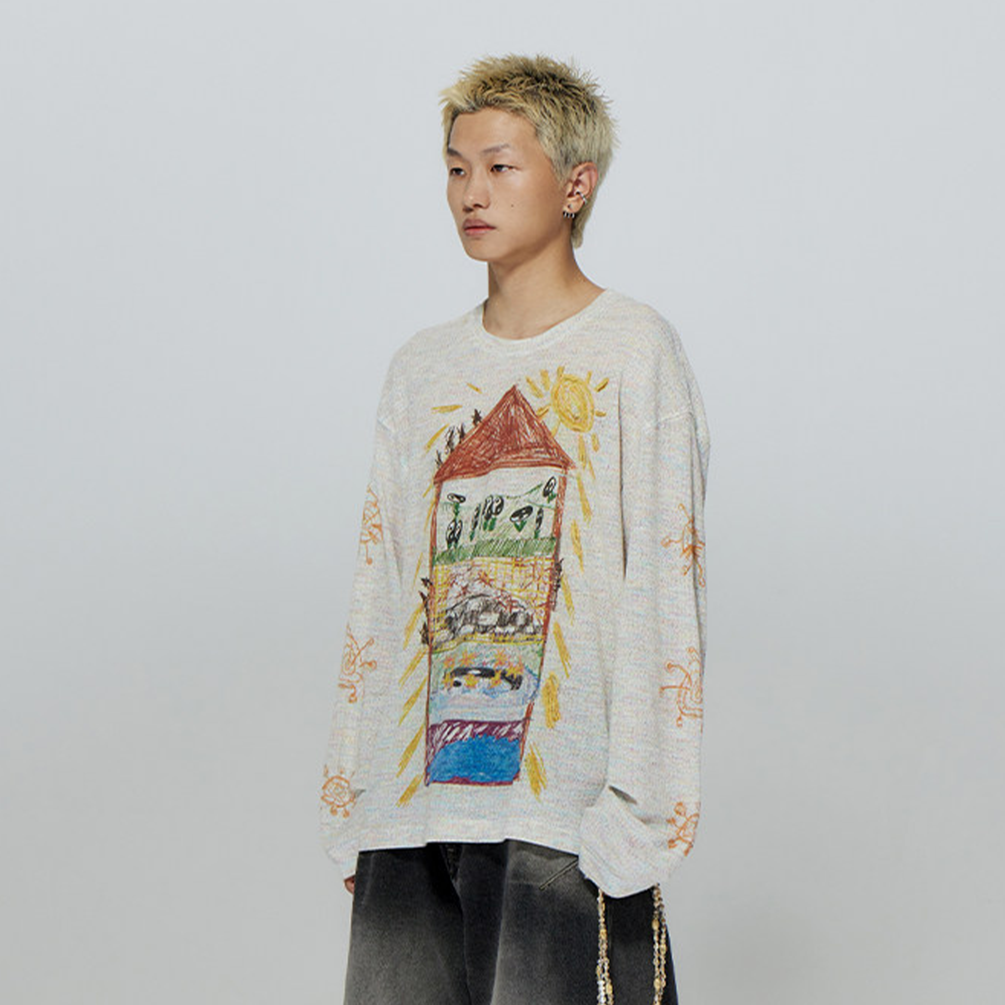CONPCONP Doodle House Graphic Oversized Long-Sleeve Tee