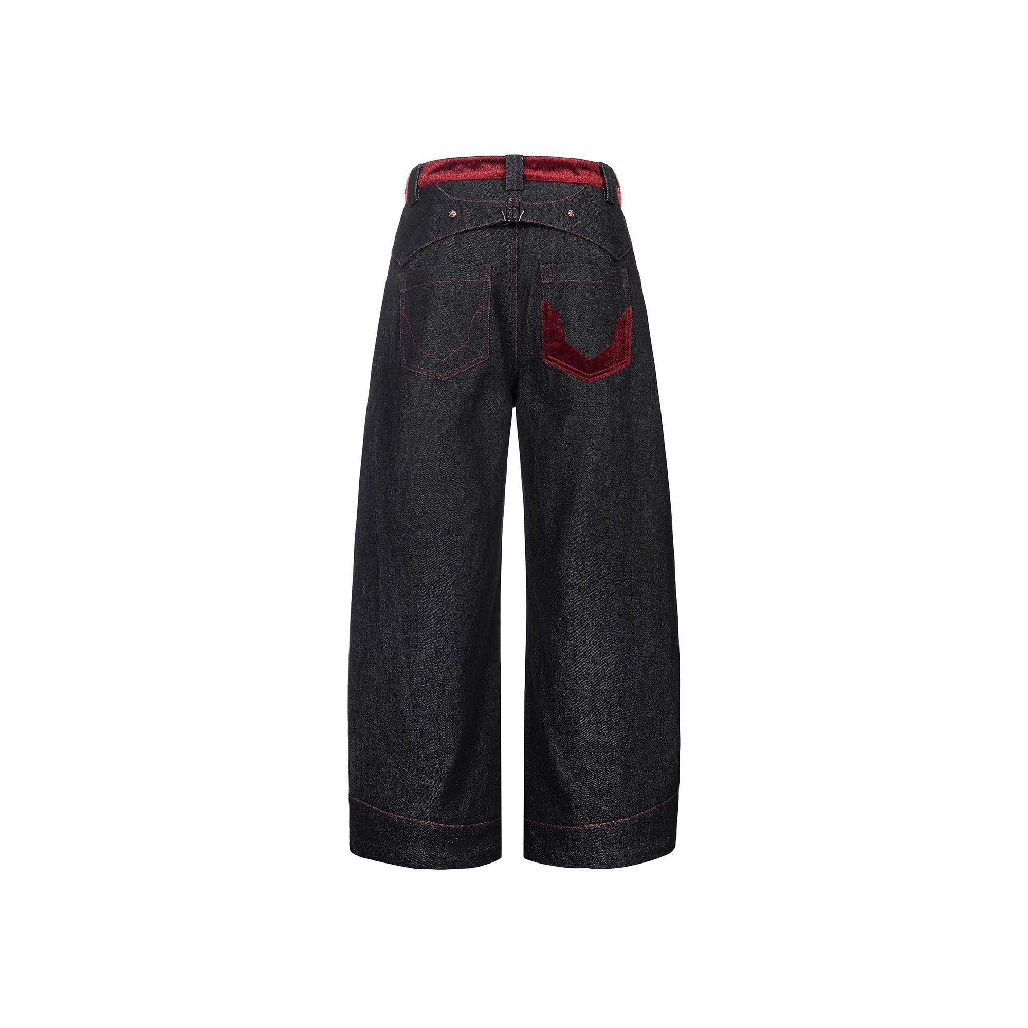 ESAIAS Vermilion Stitch Red Turquoise Curved Denim Pants