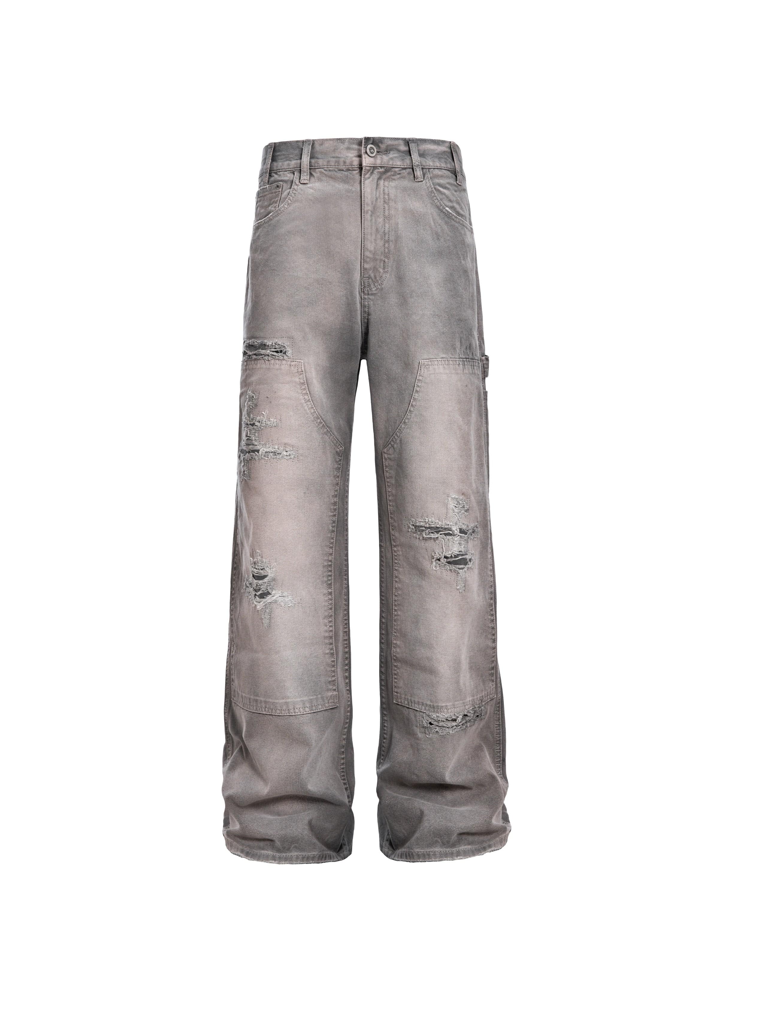 CATSSTAC Distressed Double-Knee Carpenter Straight-Leg Jeans Gray, premium urban and streetwear designers apparel on PROJECTISR.com, CATSSTAC