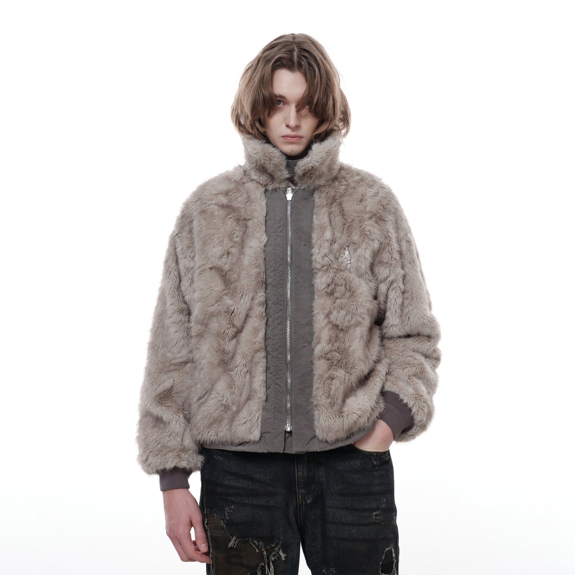 FACEONLAB Distressed Reversible Fuzzy N1 Military Jacket Grey