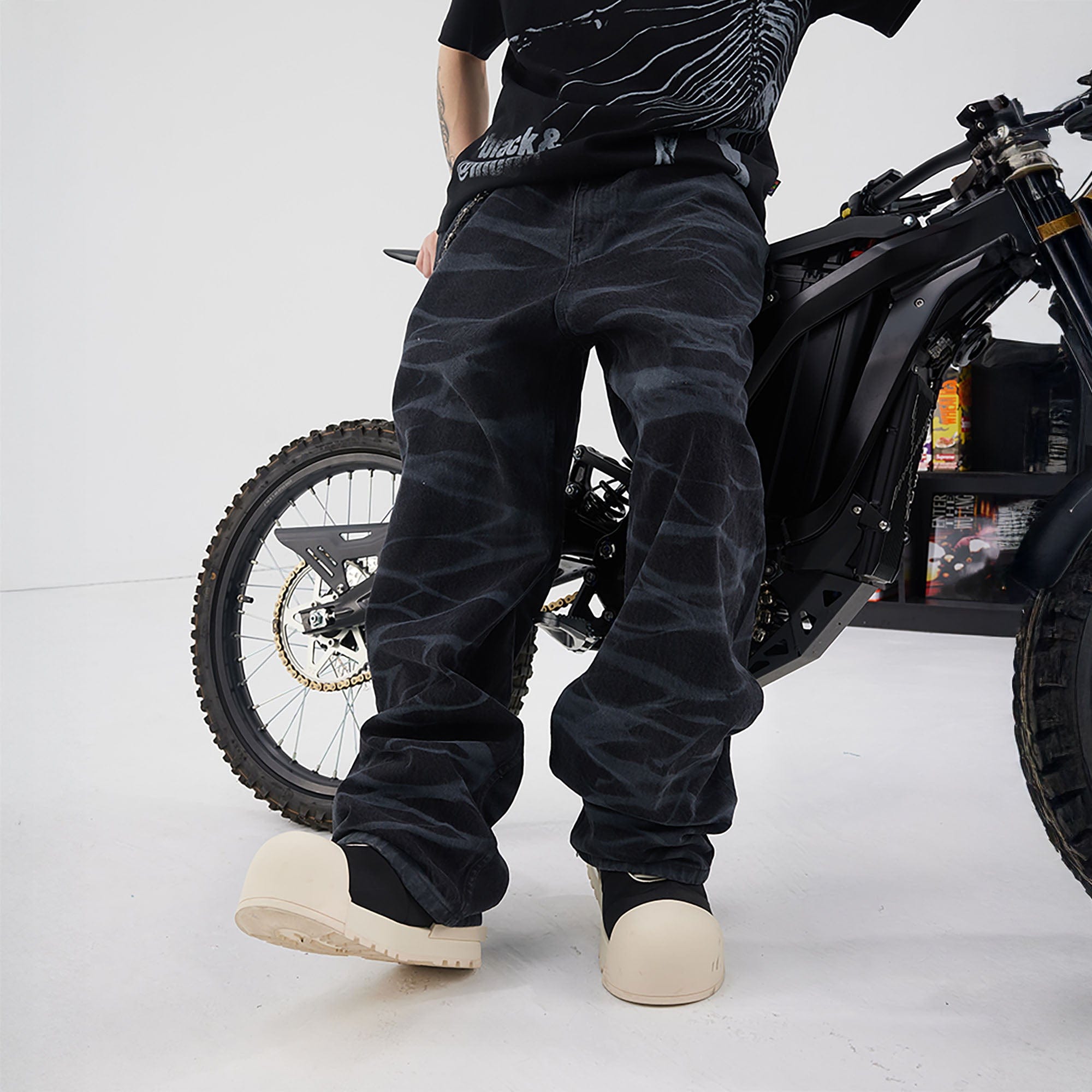 BLACK8MOB Smoke Ripple Baggy Jeans, premium urban and streetwear designers apparel on PROJECTISR.com, BLACK8MOB