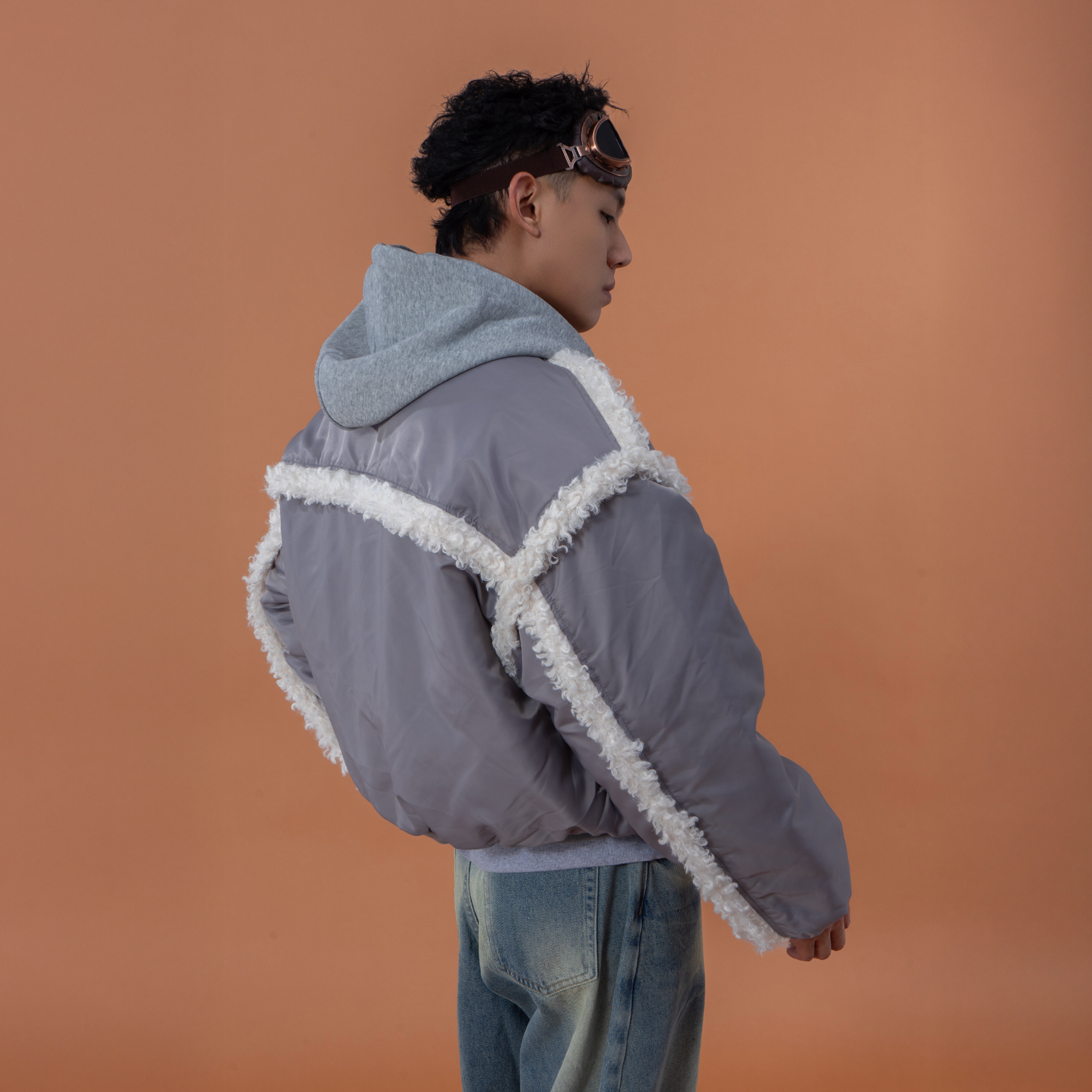 CLP Layered Faux Shearling Hooded Bomber Jacket