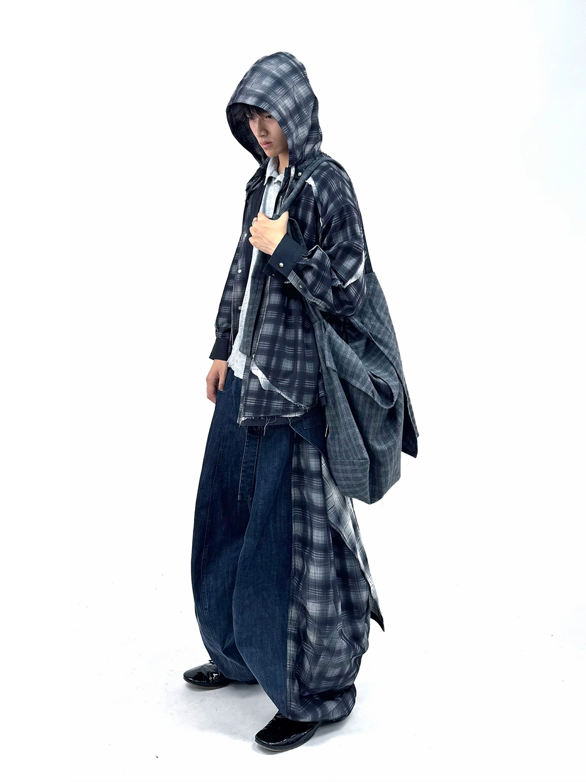 RELABEL Plaid Layered Oversized Hooded Shirt