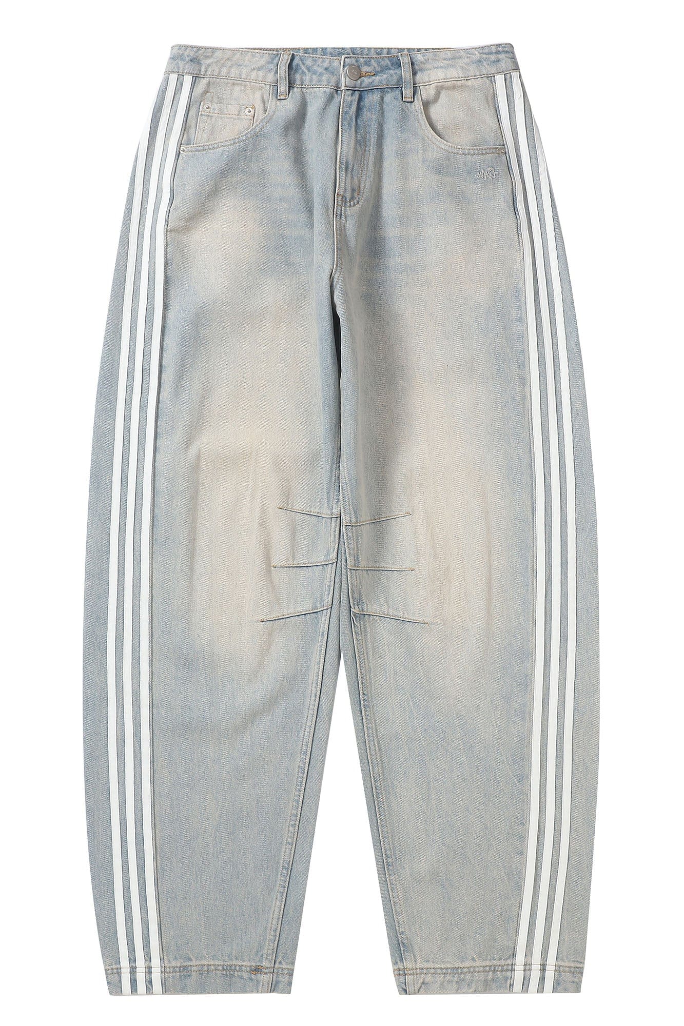 MAKEMORE Retro Washed Stripe Pleated Knees Jeans, premium urban and streetwear designers apparel on PROJECTISR.com, MAKEMORE