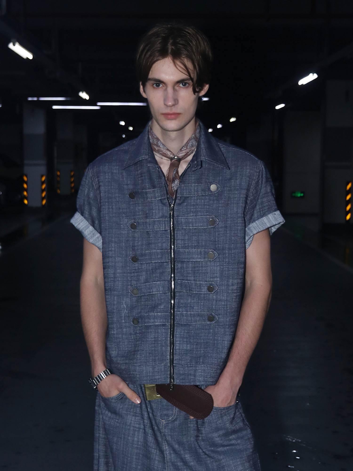 ASSEEN Linen-Blend Coin Button Denim Half Shirt