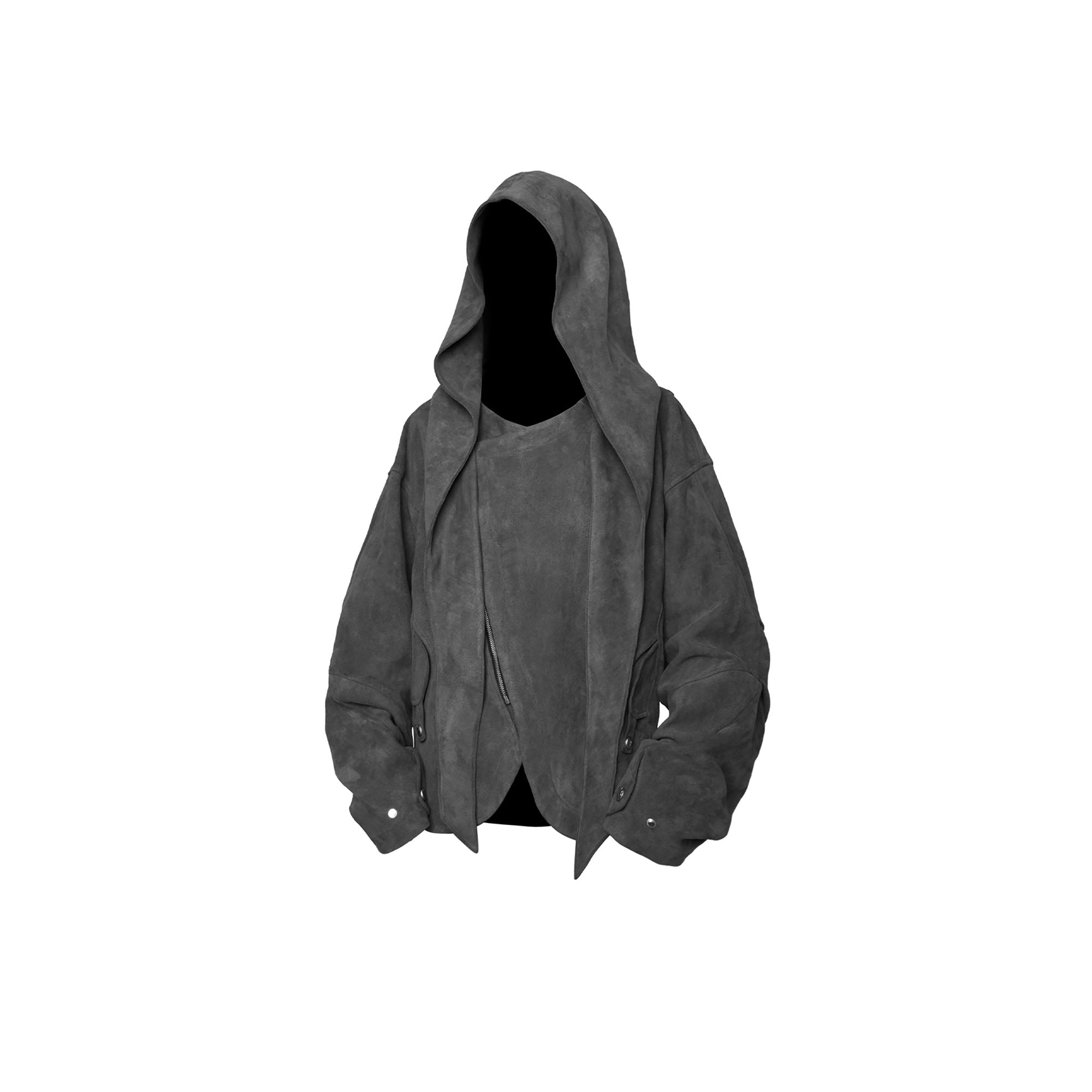 RELABEL Asymmetrical-Zip Detachable-Hood Suede Jacket Gray