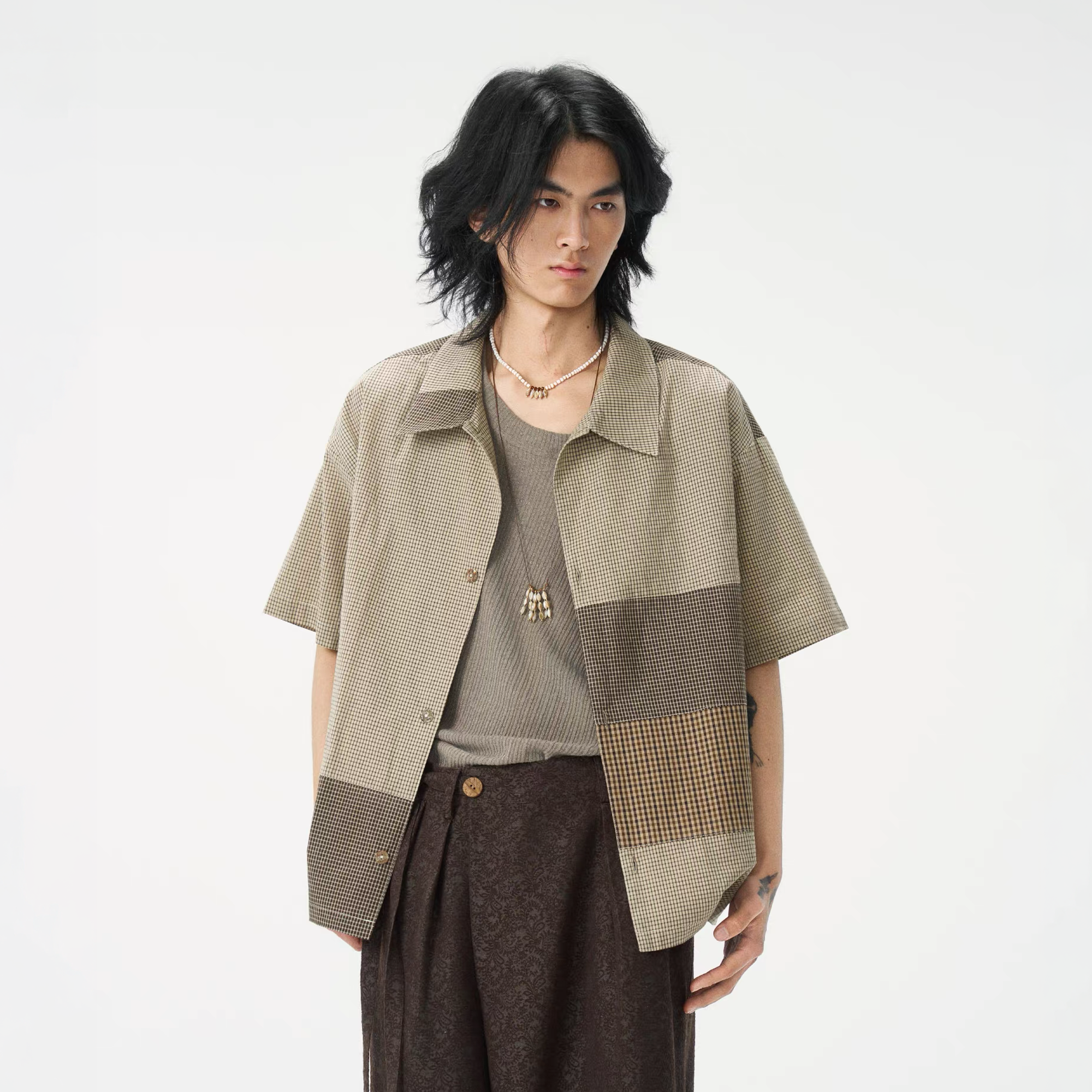 GONGHE REPUB Patchwork Check Relaxed Shirt, premium urban and streetwear designers apparel on PROJECTISR.com, GONGHE REPUB