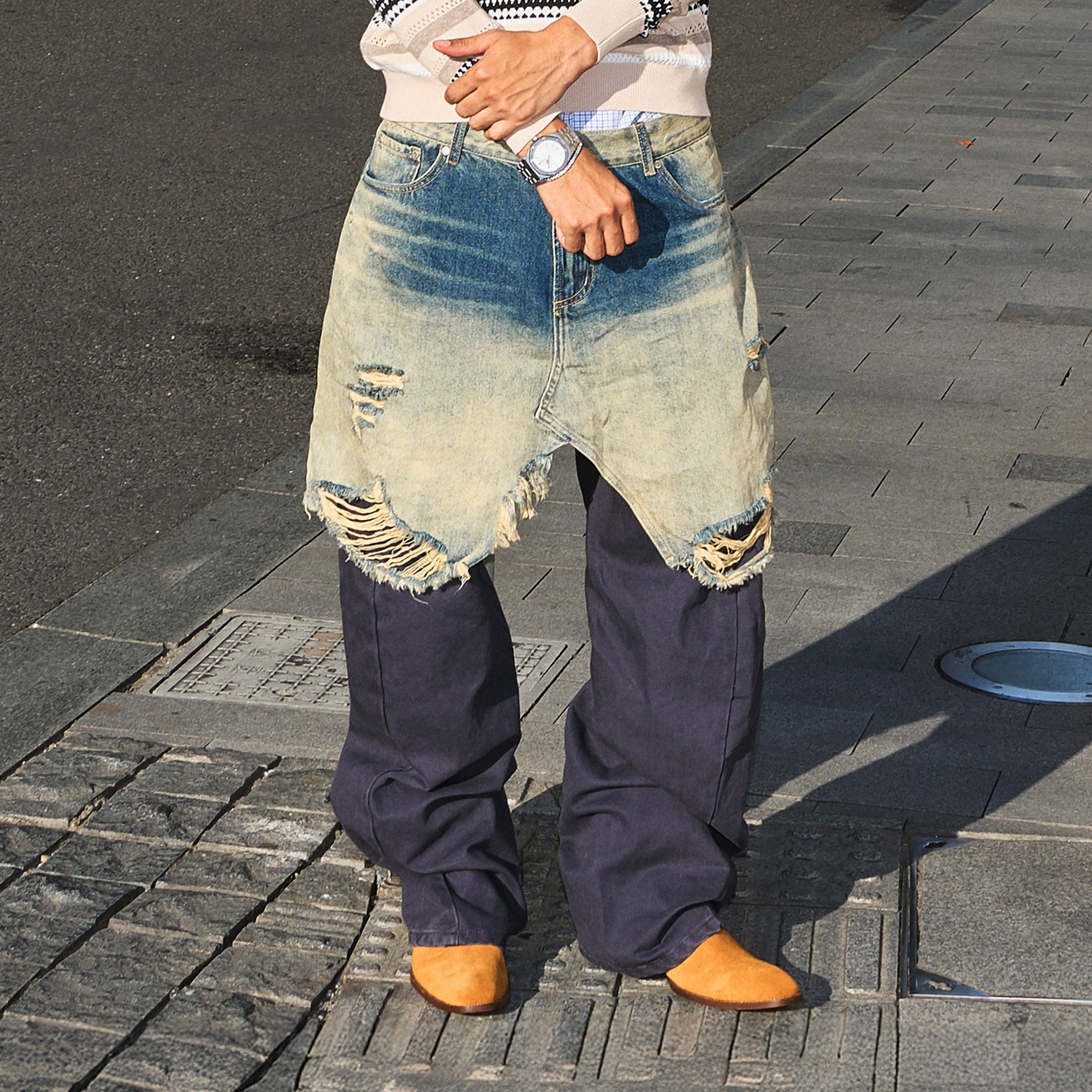 STEEPC Distressed Layered Denim Overlay Pants, premium urban and streetwear designers apparel on PROJECTISR.com, STEEPC