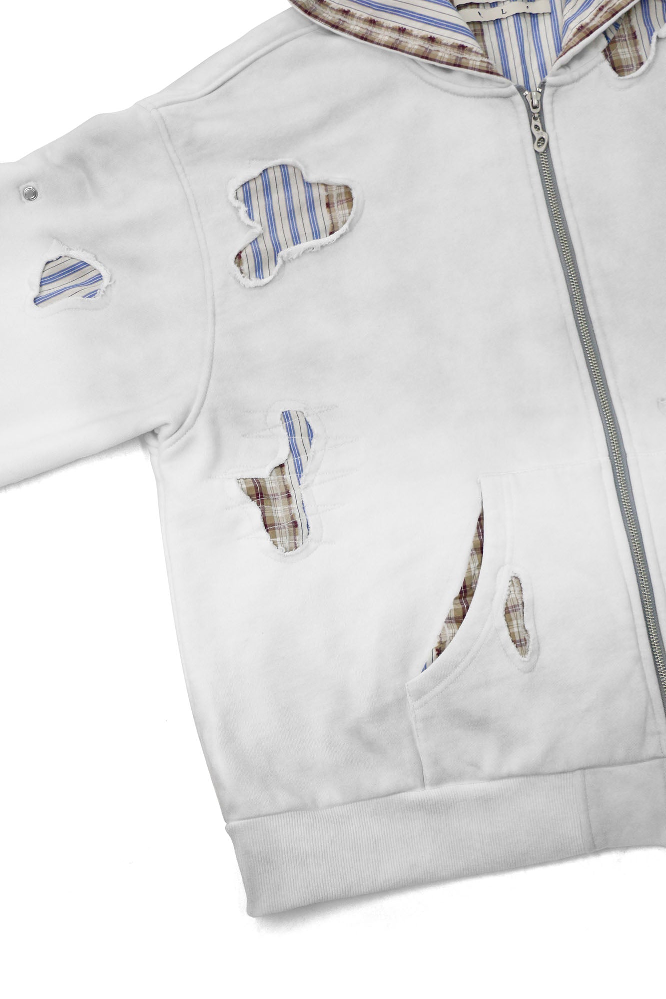 RELABEL Distressed Plaid Cut-Out Layered Hooded Jacket, premium urban and streetwear designers apparel on PROJECTISR.com, RELABEL