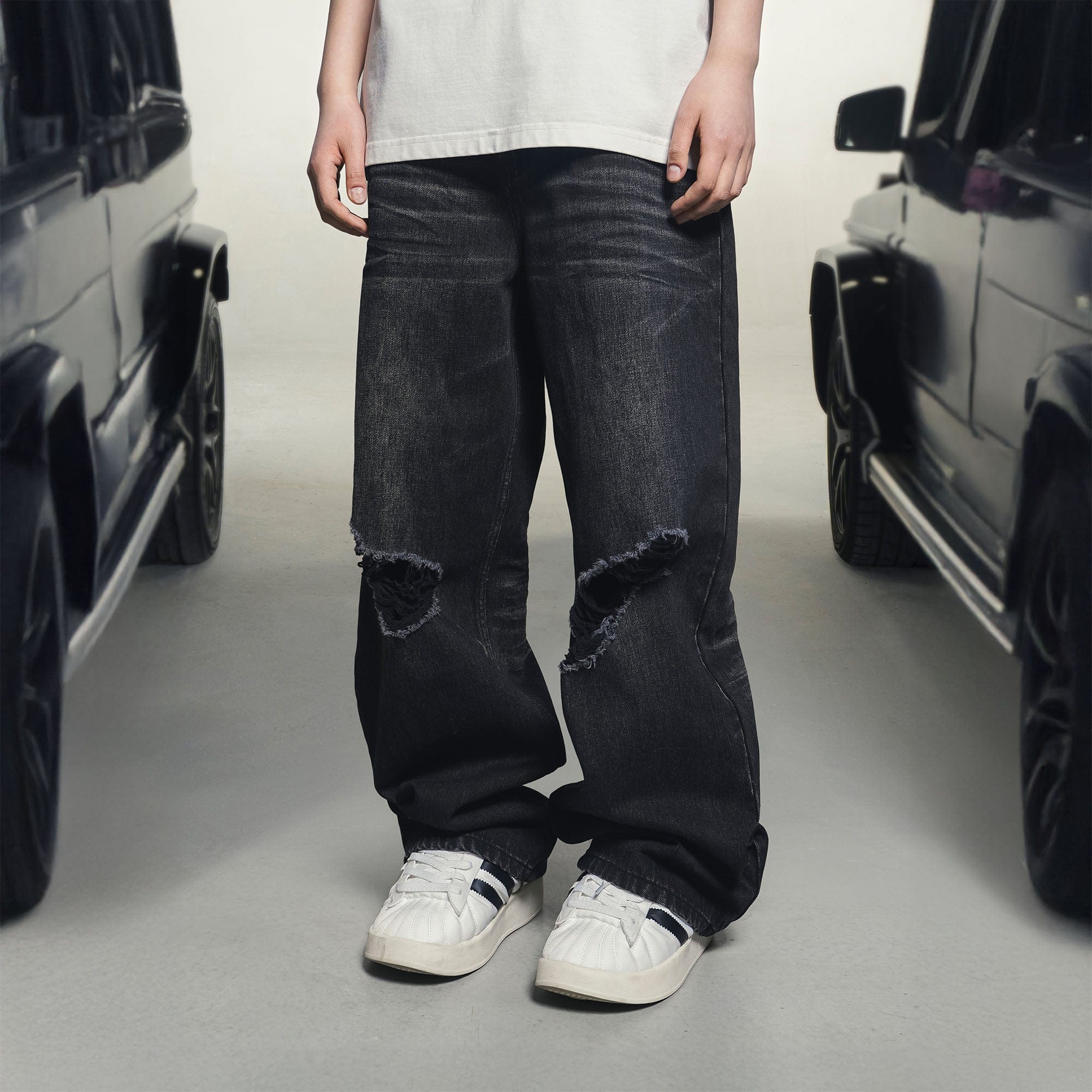 MAKEMORE Retro Washed Ripped Straight-Leg Jeans, premium urban and streetwear designers apparel on PROJECTISR.com, MAKEMORE