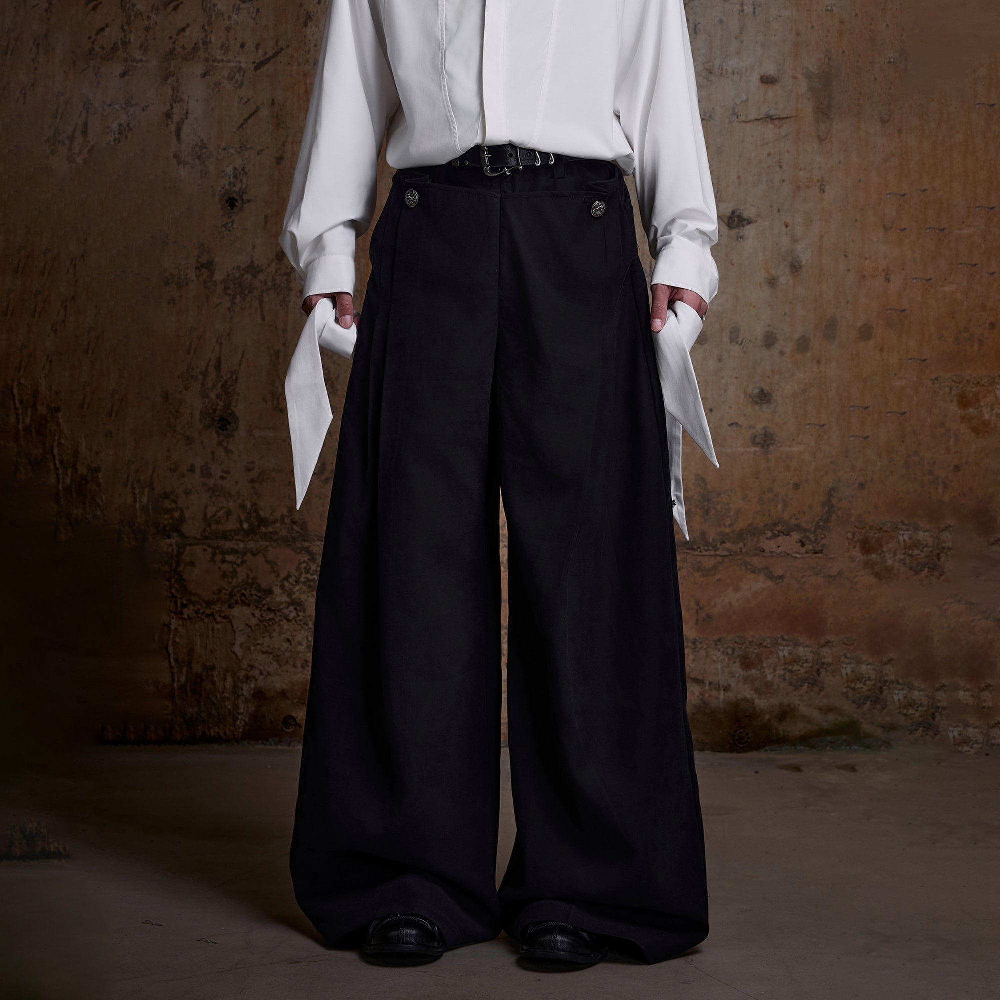 2000RSK Crinkled Detachable Ribbon Wide-Leg Trousers