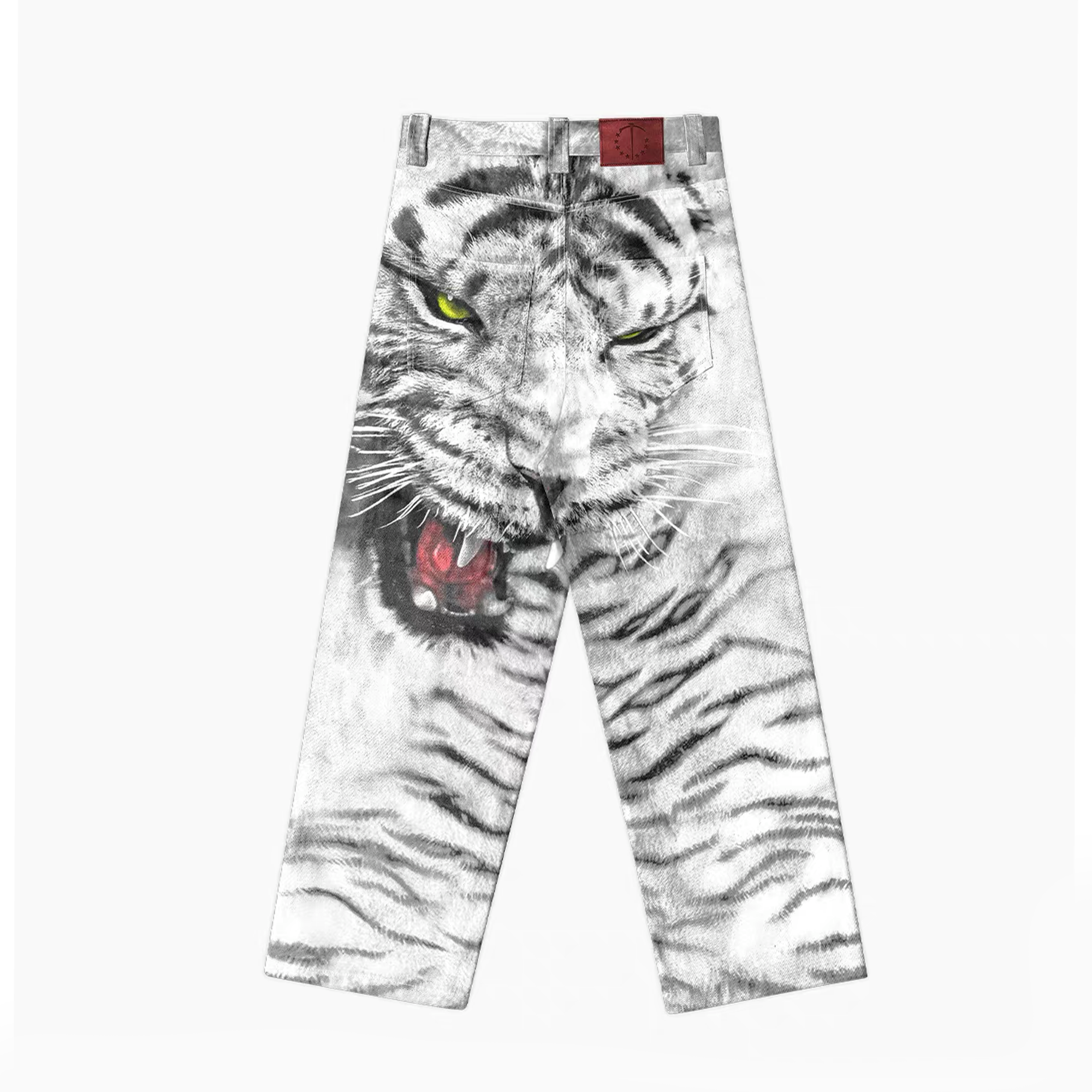 TECNINEGROUP Waxed White Tiger Full-Print Pants