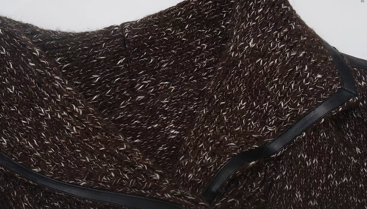 TIWILLTANG Spliced Faux Leather Dot-Yarn Fold Collar Sweater