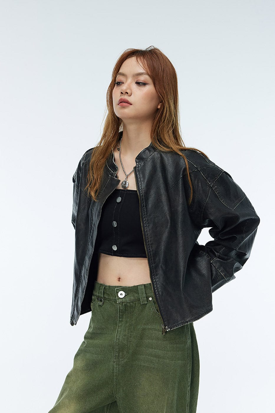WHISTLEHUNTER Distressed Cropped Faux Leather Biker Jacket | PROJECTISR US