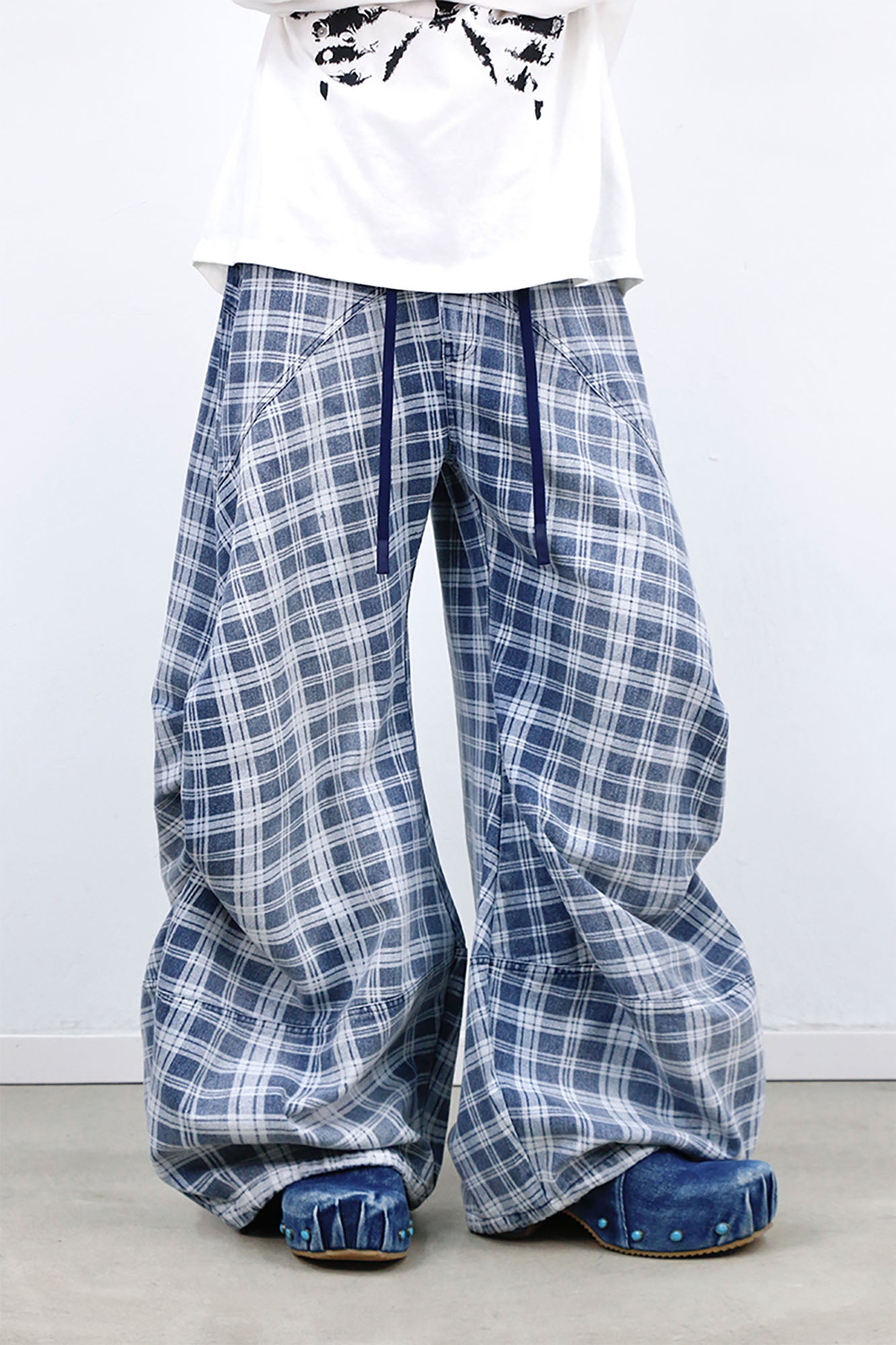 RELABEL Washed Plaid Paneled Oversized Jeans, premium urban and streetwear designers apparel on PROJECTISR.com, RELABEL