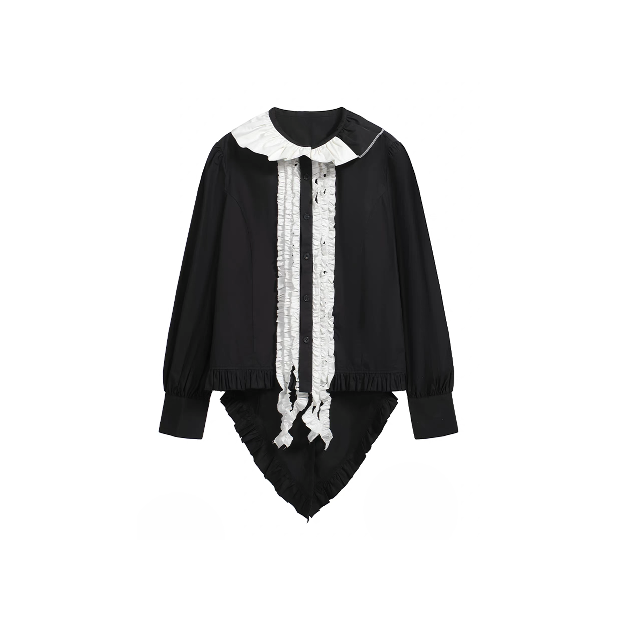 NOTHINGNESS WORLD Ruffle Bib Handkerchief-Hem Oversized Shirt, premium urban and streetwear designers apparel on PROJECTISR.com, NOTHINGNESS WORLD