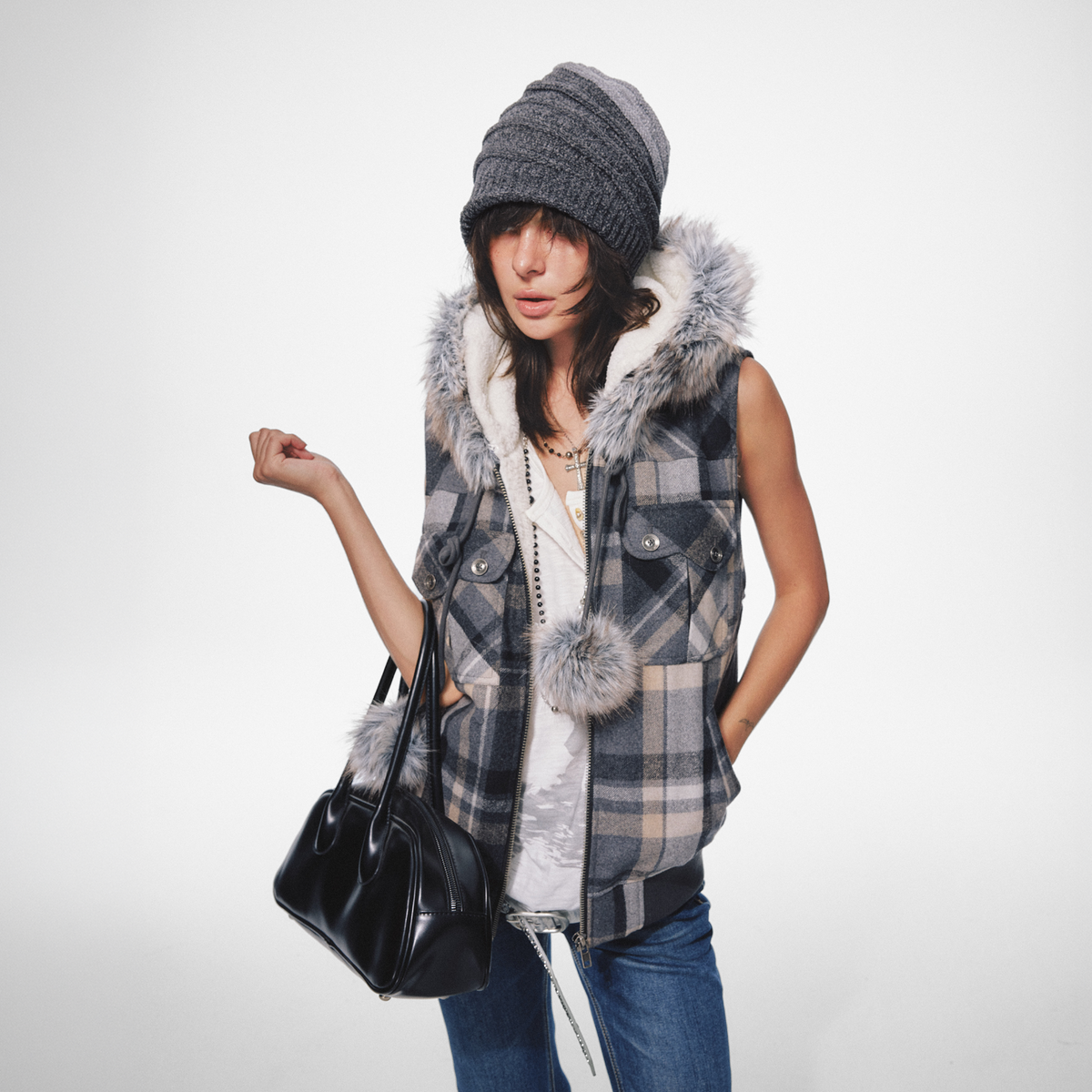 TRECLUB Retro Plaid Hooded Faux Fur Collar Vest