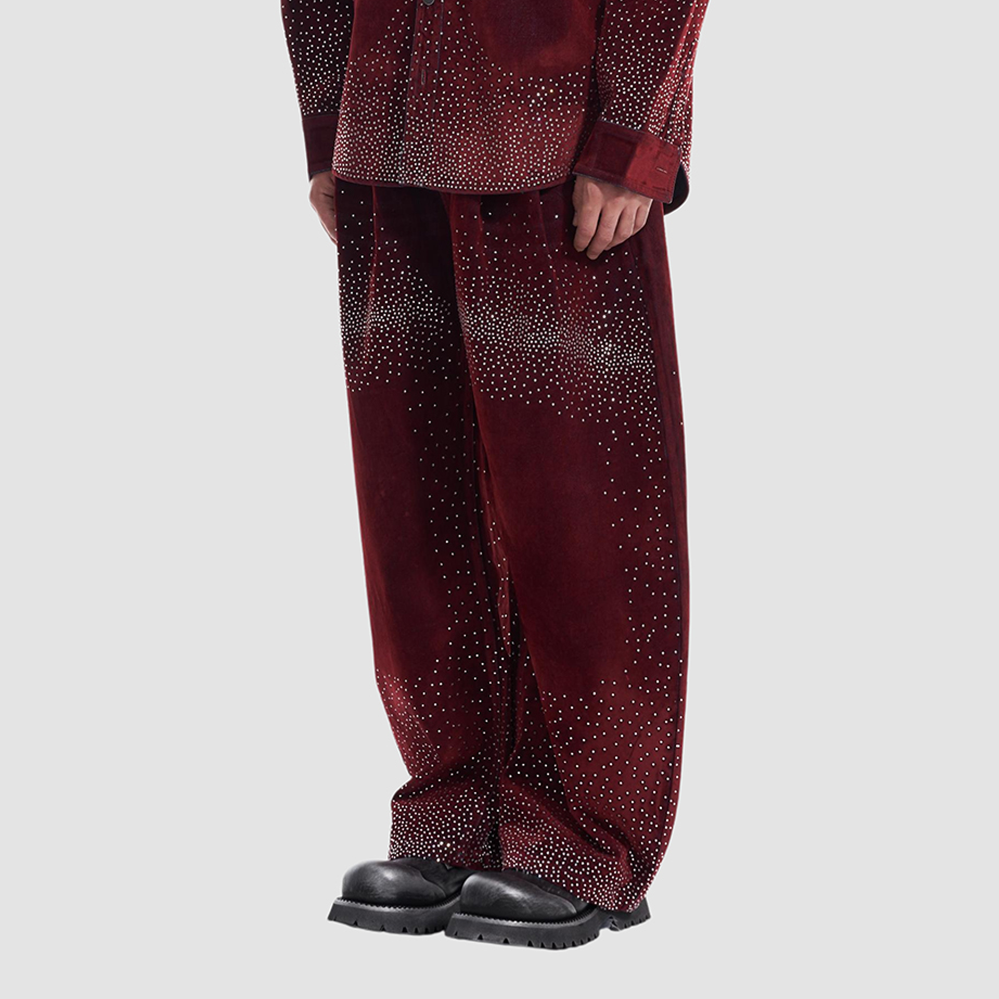 VANN VALRENCE Diamond-Studded Velvet Barrel Leg Trousers