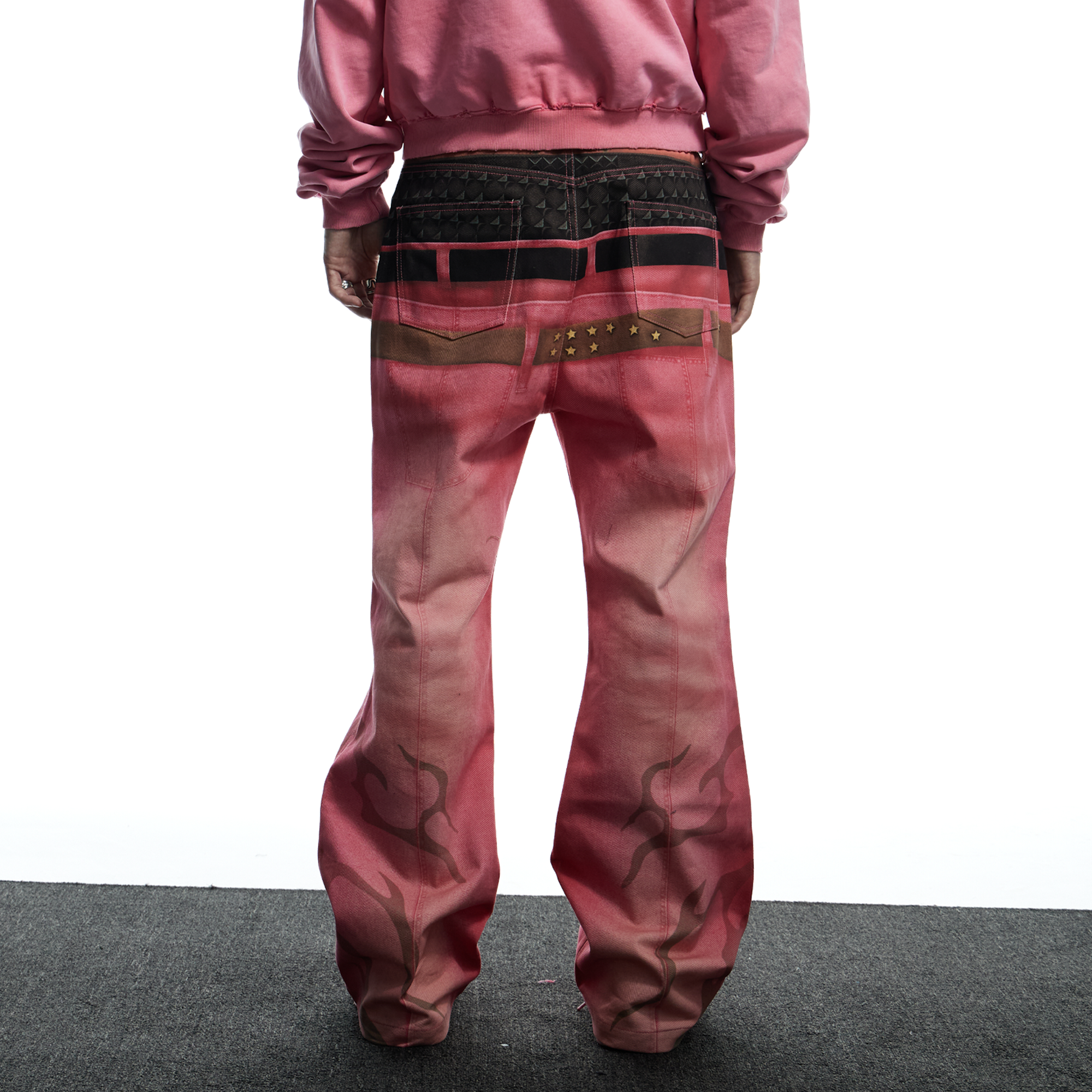 DND4DES Distressed Print Double-Waist Flare Jeans Pink, premium urban and streetwear designers apparel on PROJECTISR.com, DND4DES
