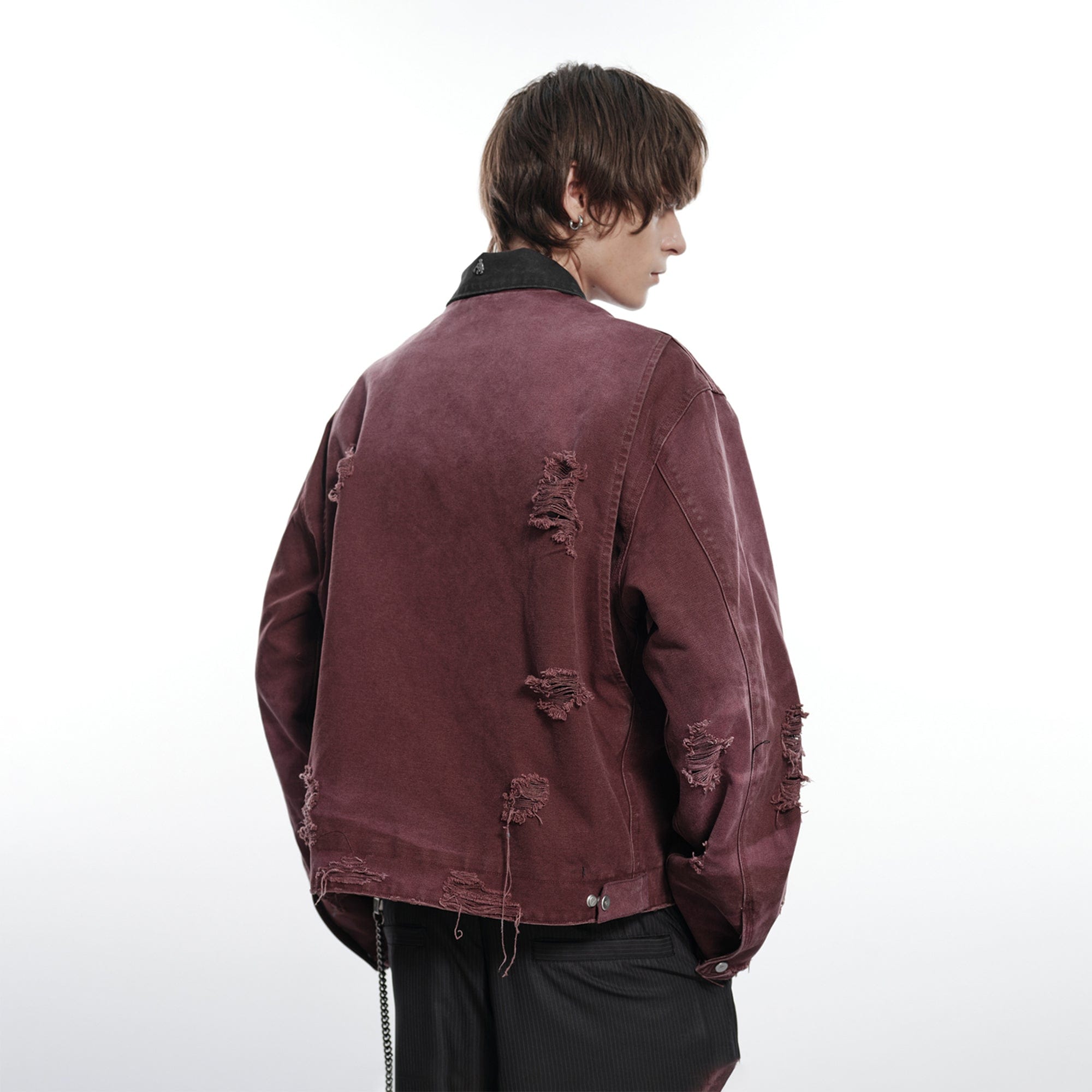 FACEONLAB Raw-Edge Ripped Rivet Metal Emblem Jacket Red