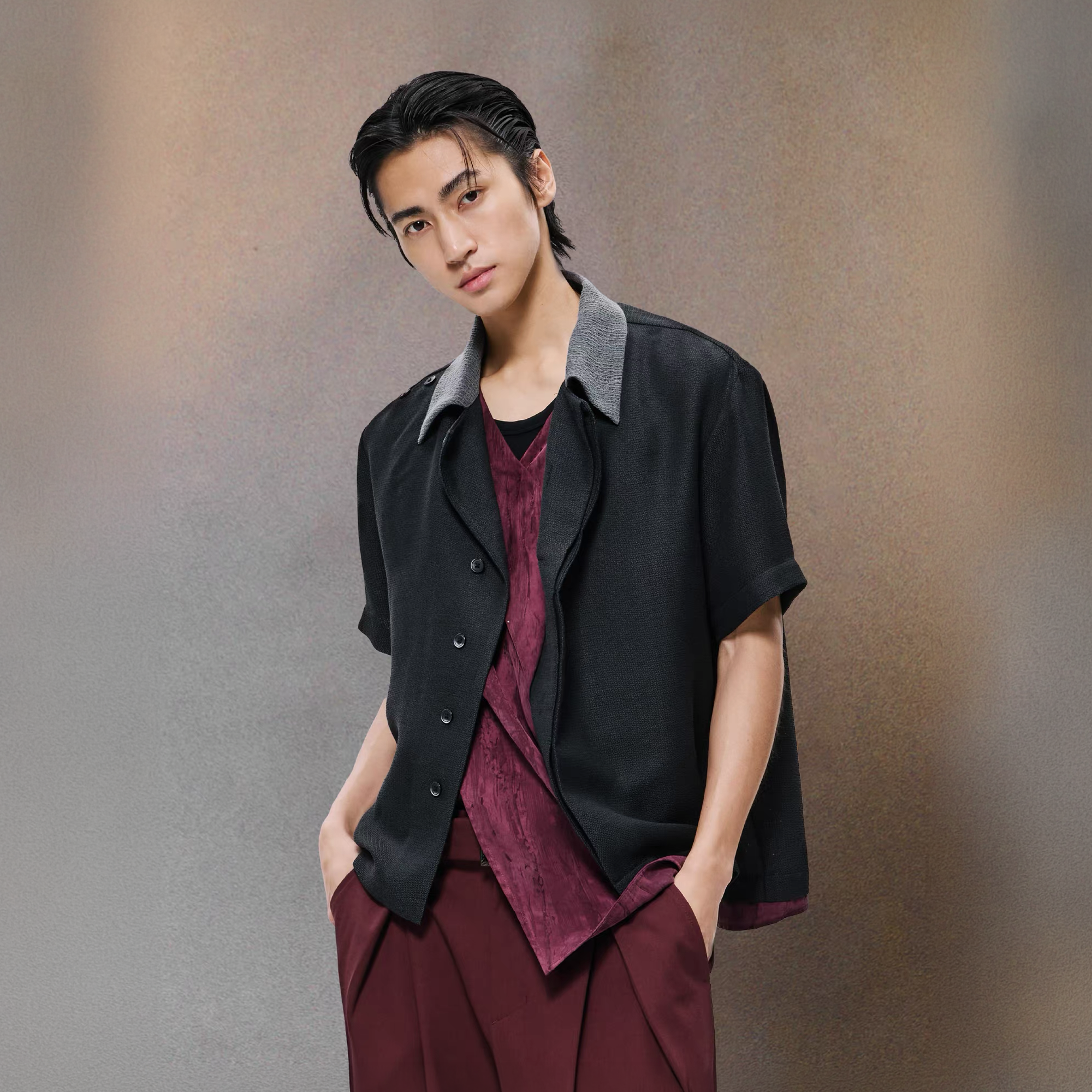 ALVNG AR ANTS Asymmetrical Contrast Spliced Linen Half Shirt, premium urban and streetwear designers apparel on PROJECTISR.com, ALVNG AR ANTS