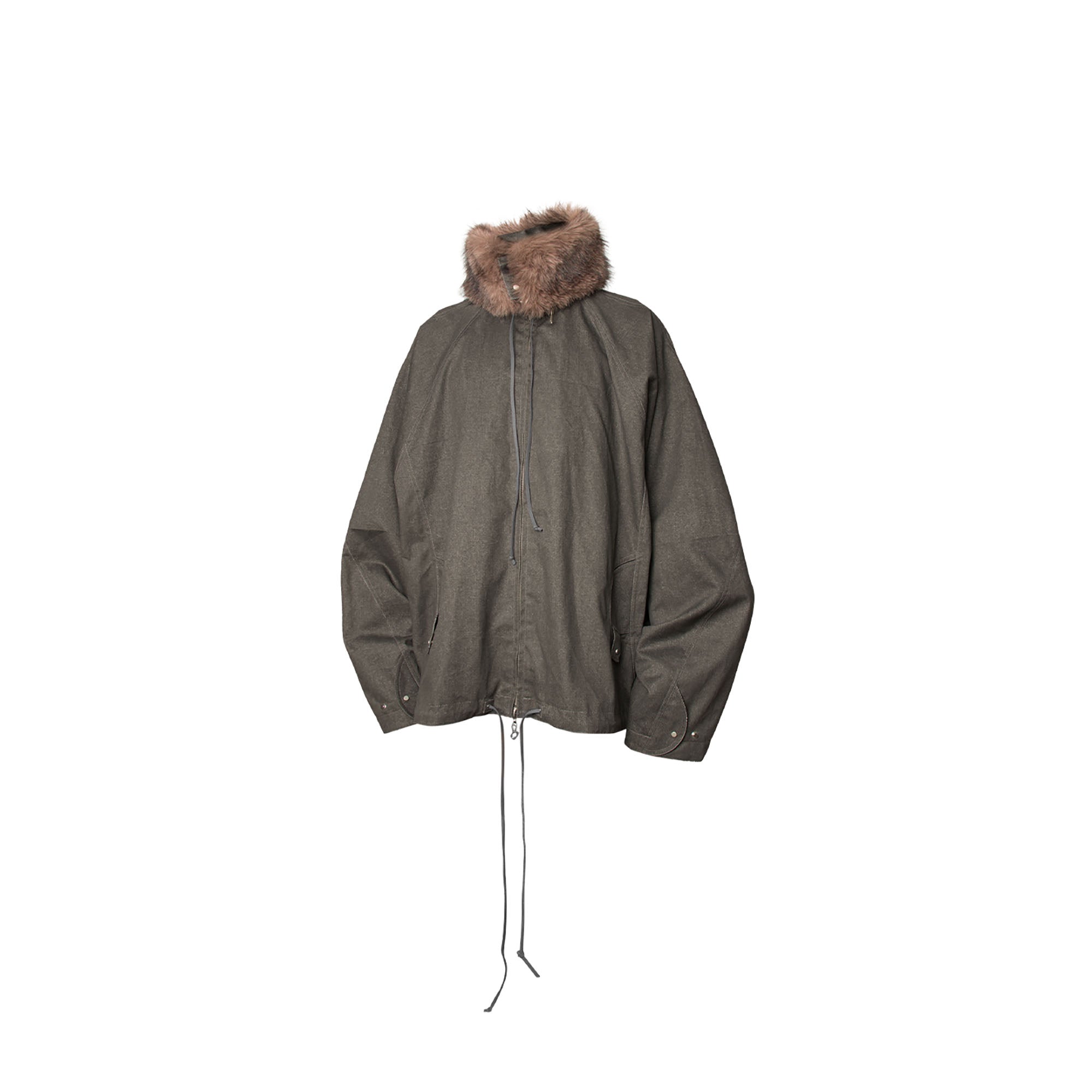 RELABEL Detachable Faux Fur Collar Drawstring Jacket Gray