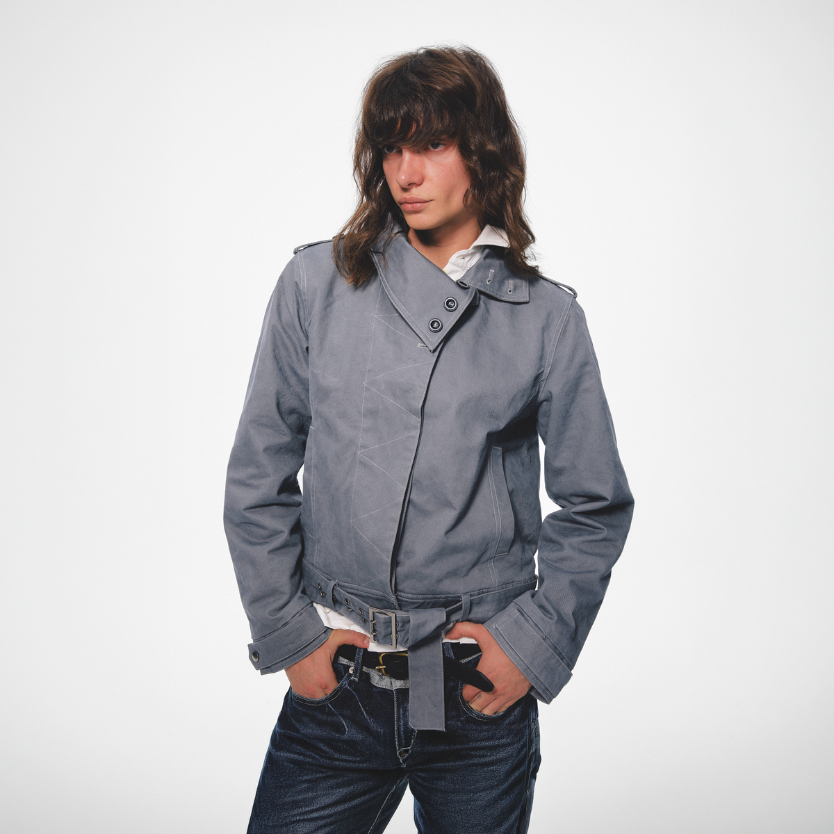 TRECLUB Retro Belted Eyelet Lapel Cotton-Padded Jacket, premium urban and streetwear designers apparel on PROJECTISR.com, TRECLUB