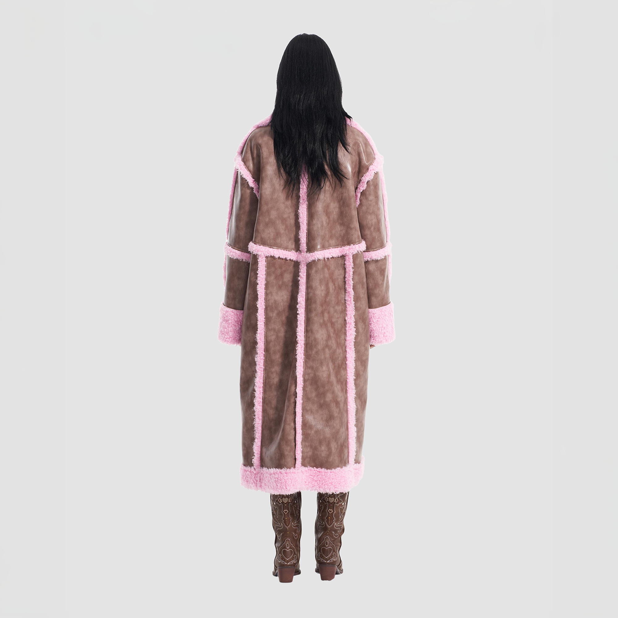 VANN VALRENCE Shearling-Trim Panel PU Long Coat