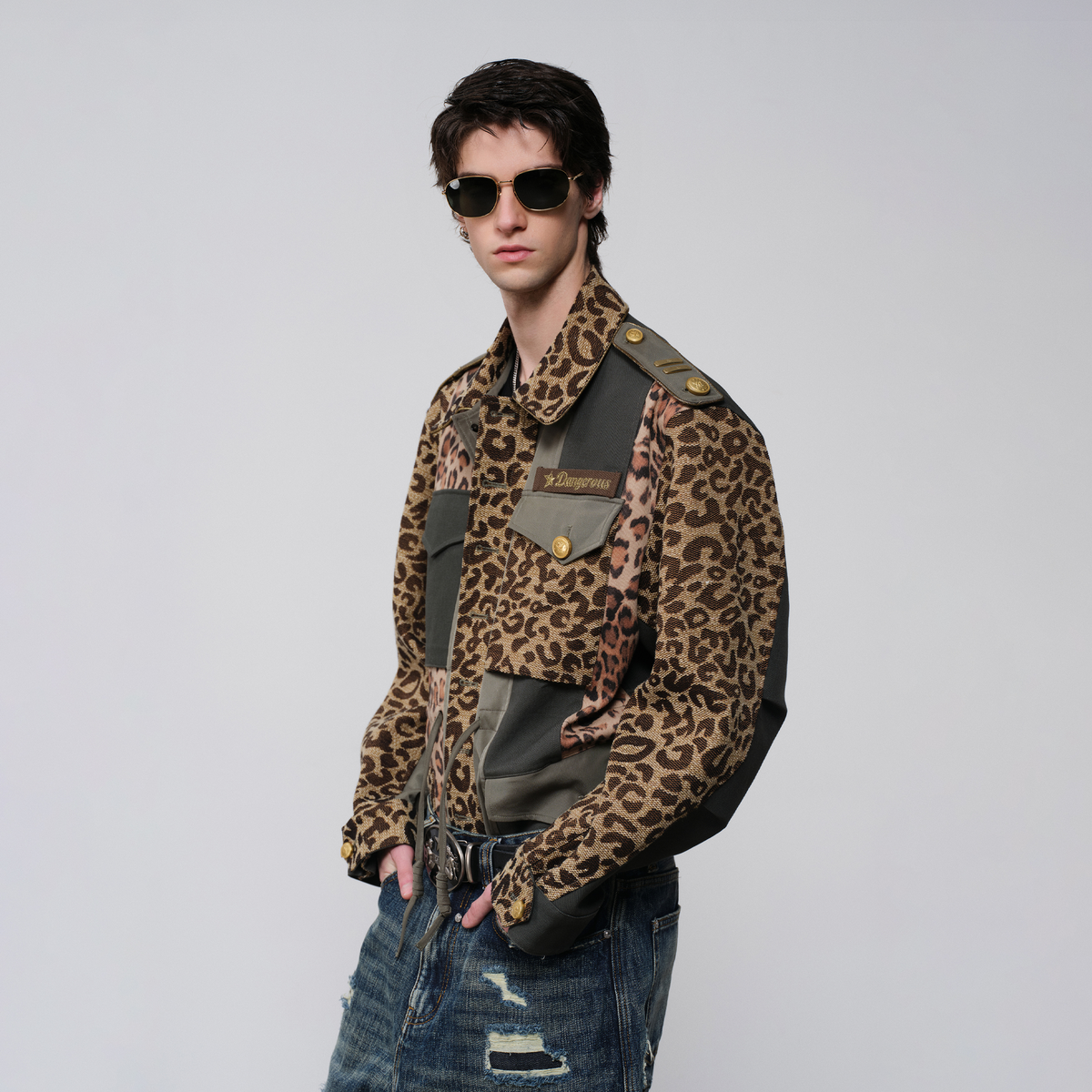 FACEONLAB Camo Spliced Leopard Lapel Jacket Brown