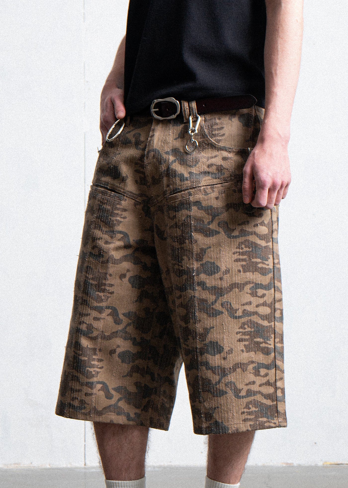 LEONSENSE Deconstructed Camo Cargo Shorts, premium urban and streetwear designers apparel on PROJECTISR.com, LEONSENSE